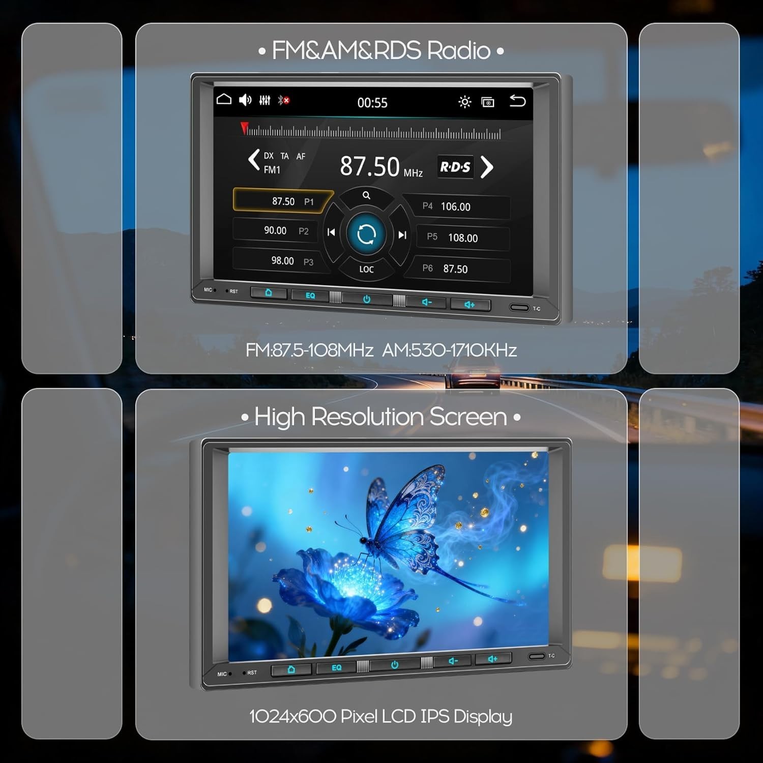 7″ Double DIN Android Auto Carplay Stereo with Linux OS, SWC, and Backup Camera