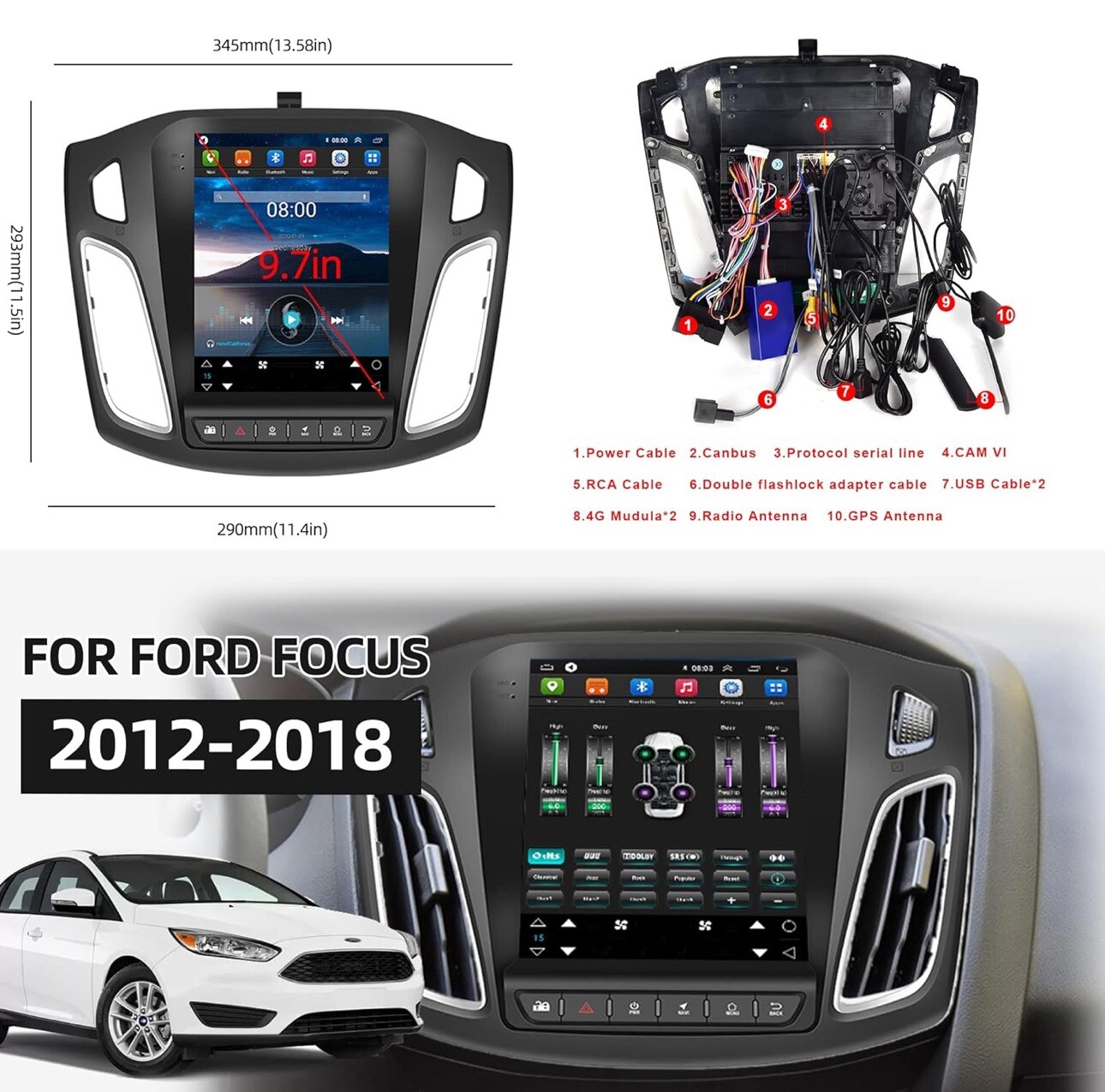 9.7″ 4+64G Android 13.0 Car Radio Stereo GPS Navi WIFI For Ford Focus 2012-2018