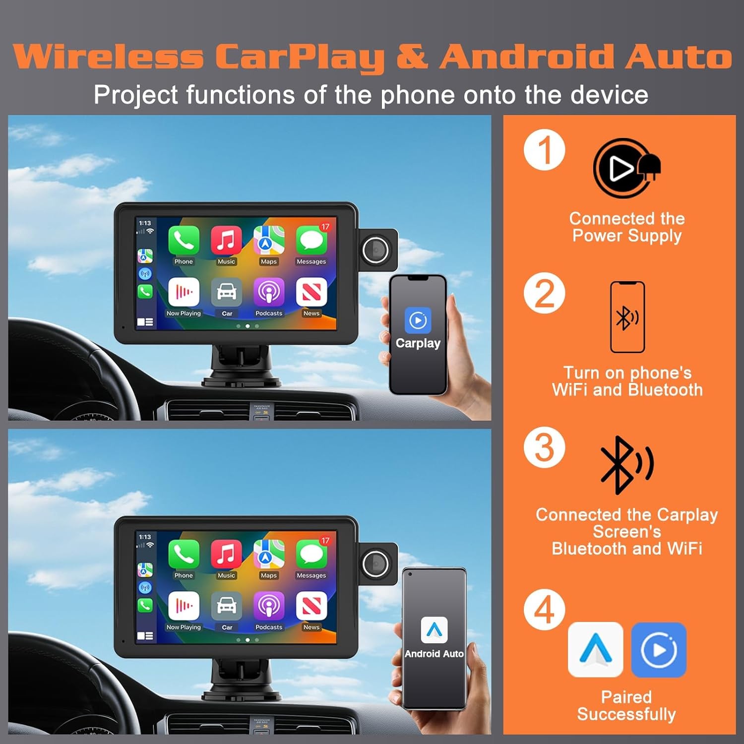 7″ Apple Carplay Screen for car, Wireless Apple Car Play Touchscreen with Androi