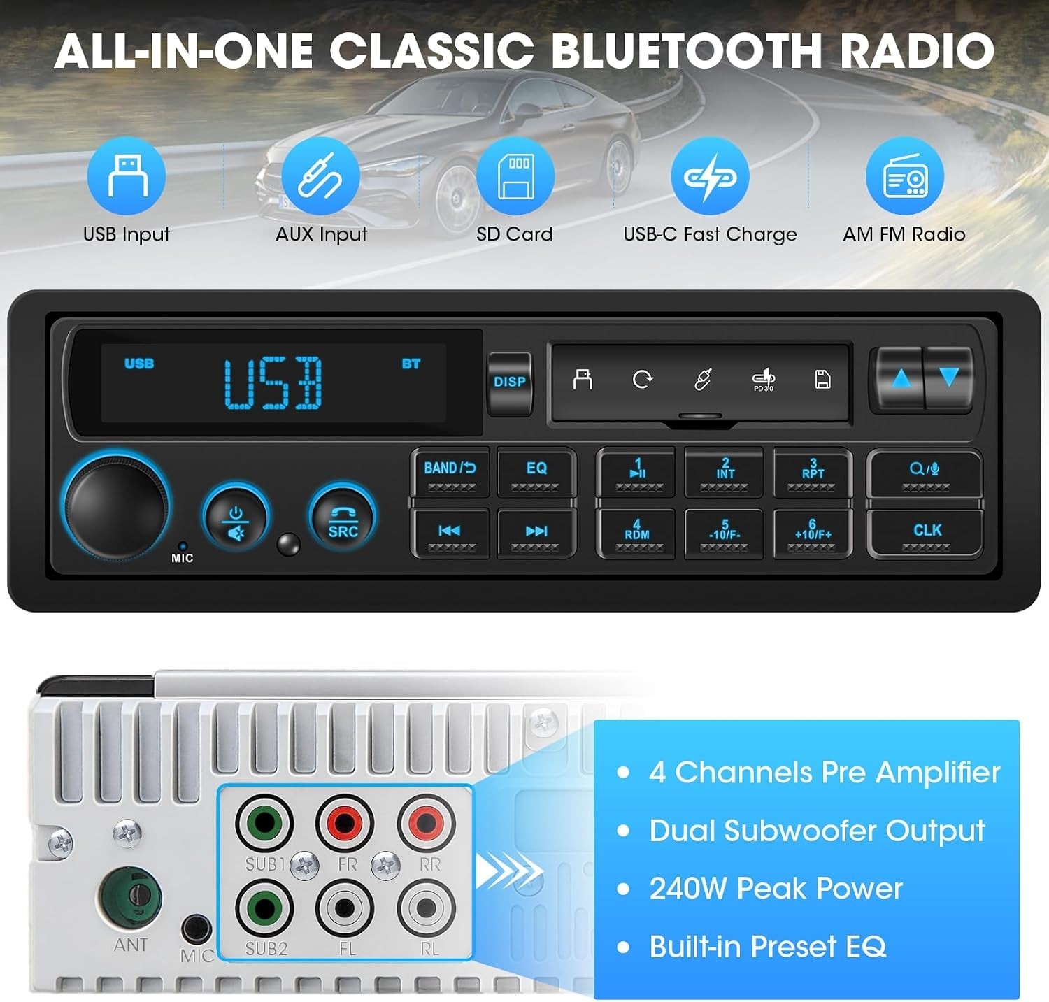 Classic Style Single Din Stereo with Bluetooth – 240W Output & Steering Control