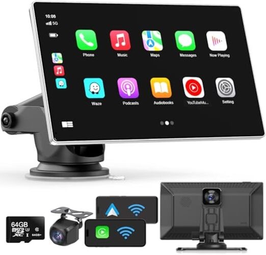 Portable Apple Carplay Screen for Car, 9″ Wireless Apple Carplay & Android