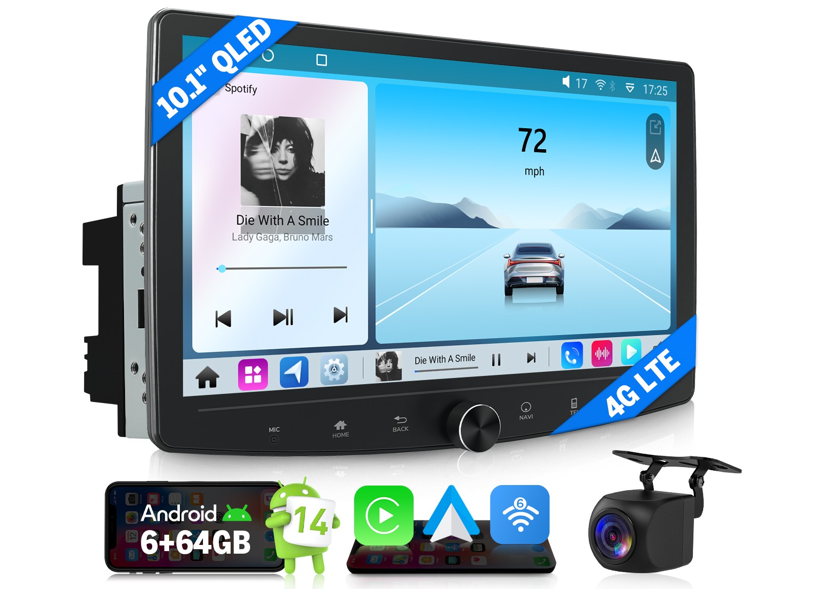 Double DIN QLED Car Stereo Wireless CarPlay 10.1″ Android 14 DSP GPS WiFi 4G LTE