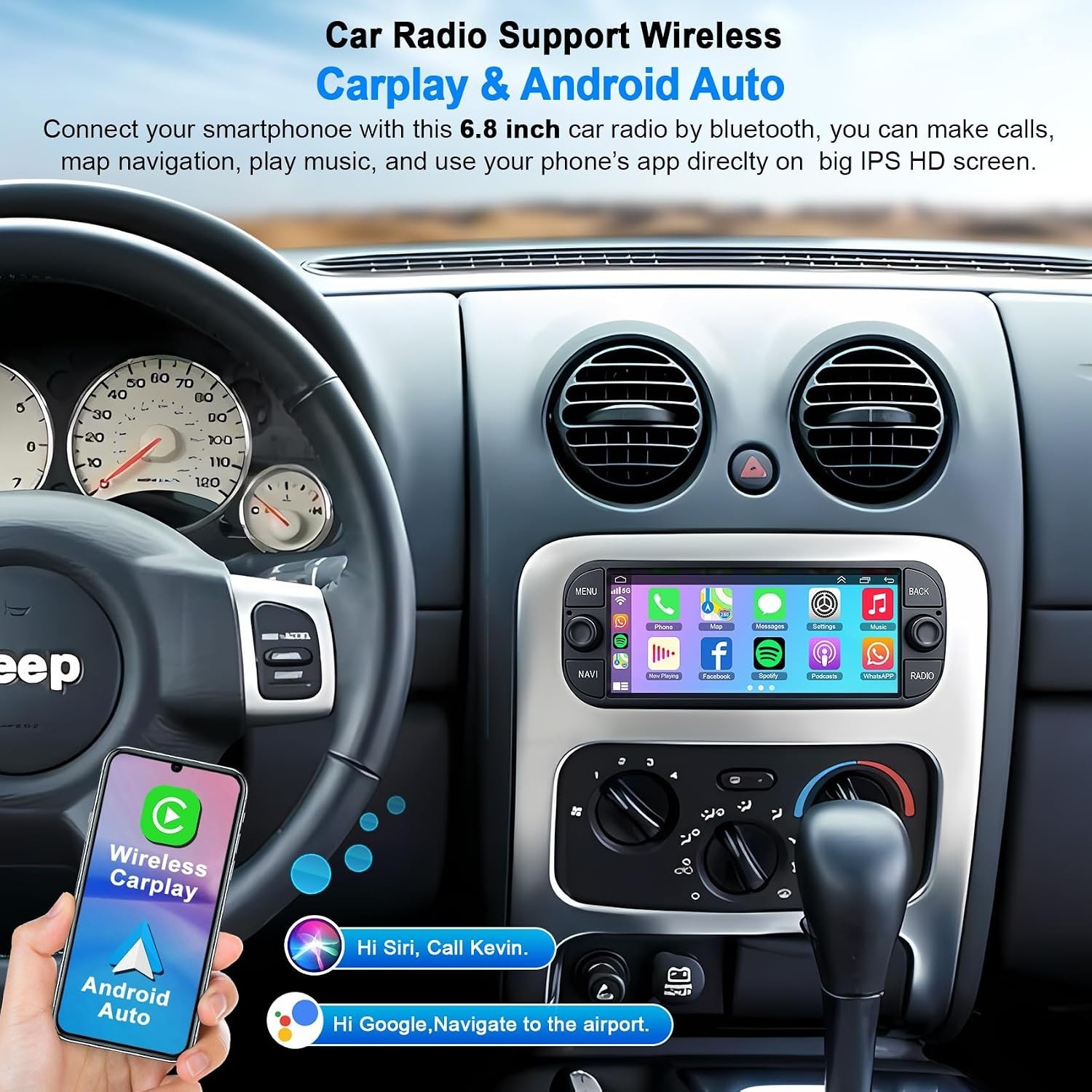 6.8″ 8Core 4+64G Android Auto Carplay 2001-2007 Dodge RAM Jeep Wrangler Chrysler