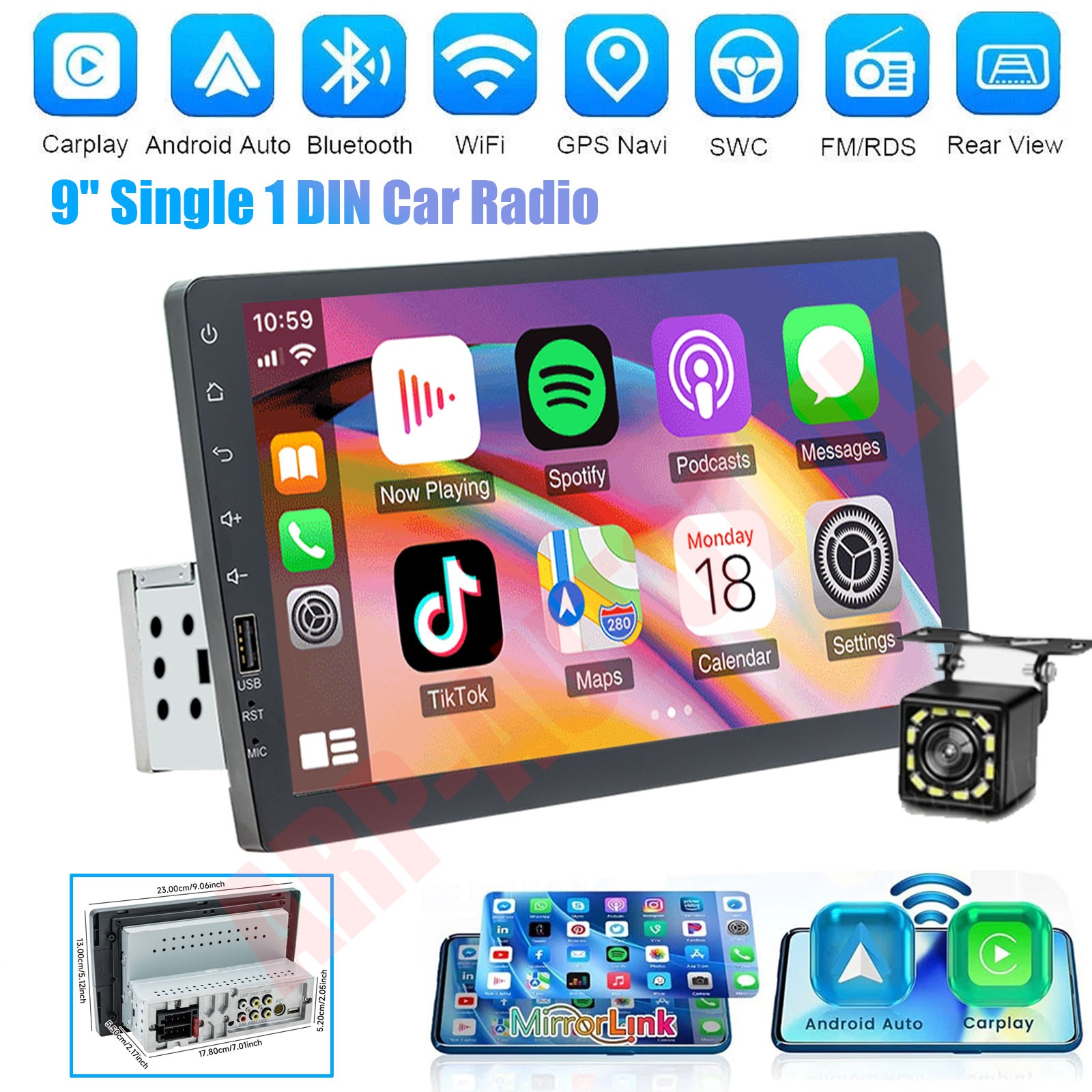 9″ Single Din Car Stereo MP5 Carplay Radio Touch Screen Bluetooth Player 12V FM