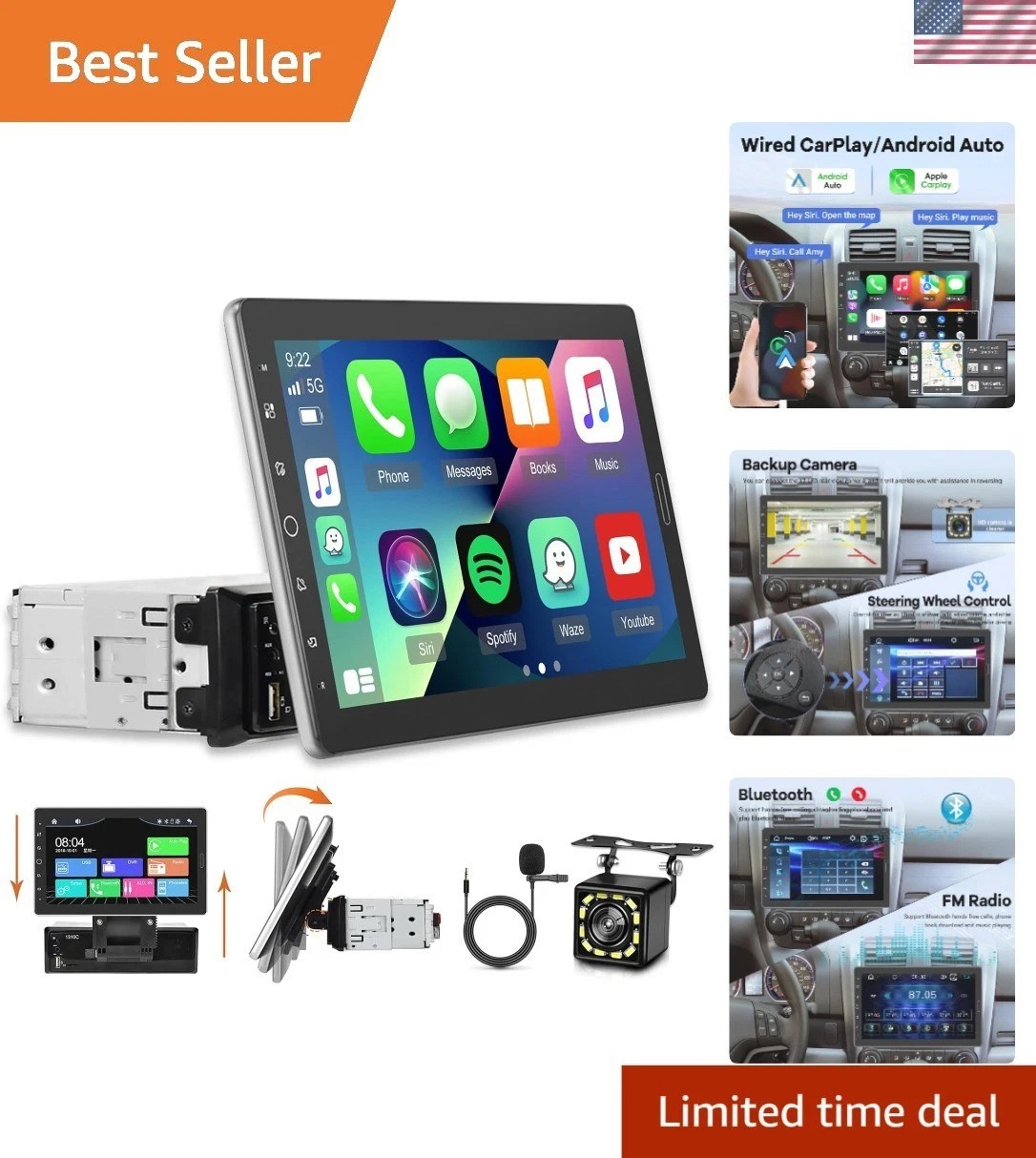 10.1 Inch Single Din Car Stereo – Bluetooth, EQ Audio, GPS & Steering Control