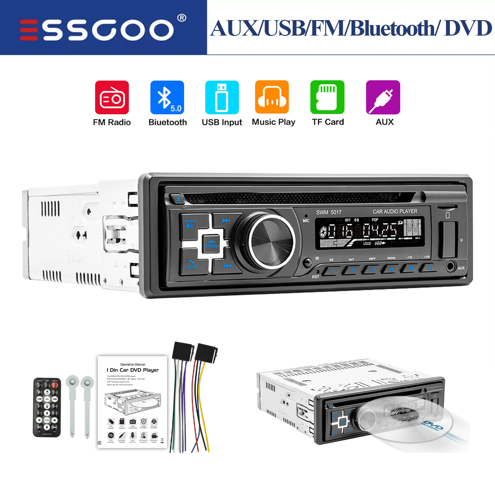Single 1 DIN Car Stereo Radio CD DVD Player MP3 USB Bluetooth FM AUX Head Unit