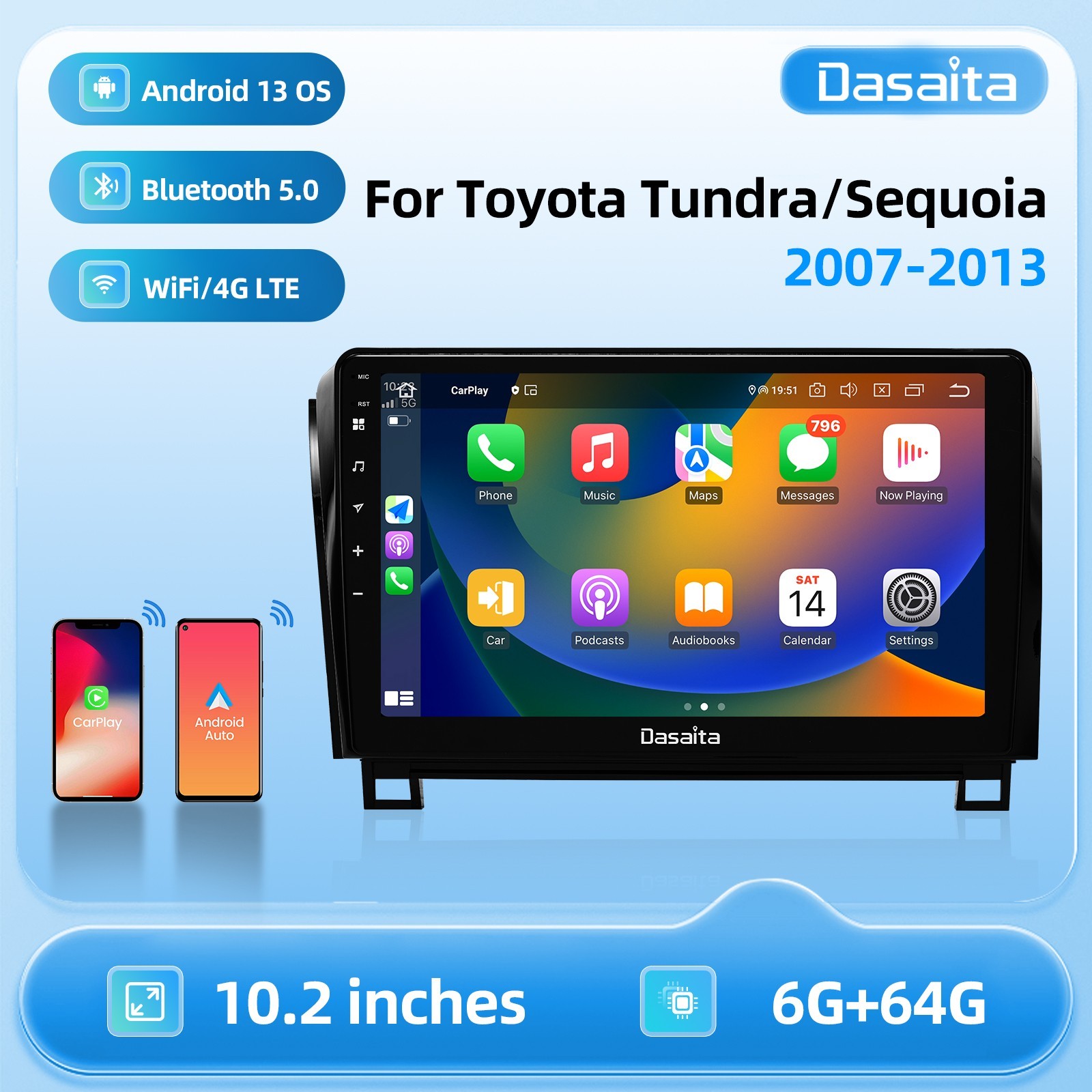 Dasaita Android 13 Car Stereo for Toyota Tundra 2007-2013 Wireless Carplay BT