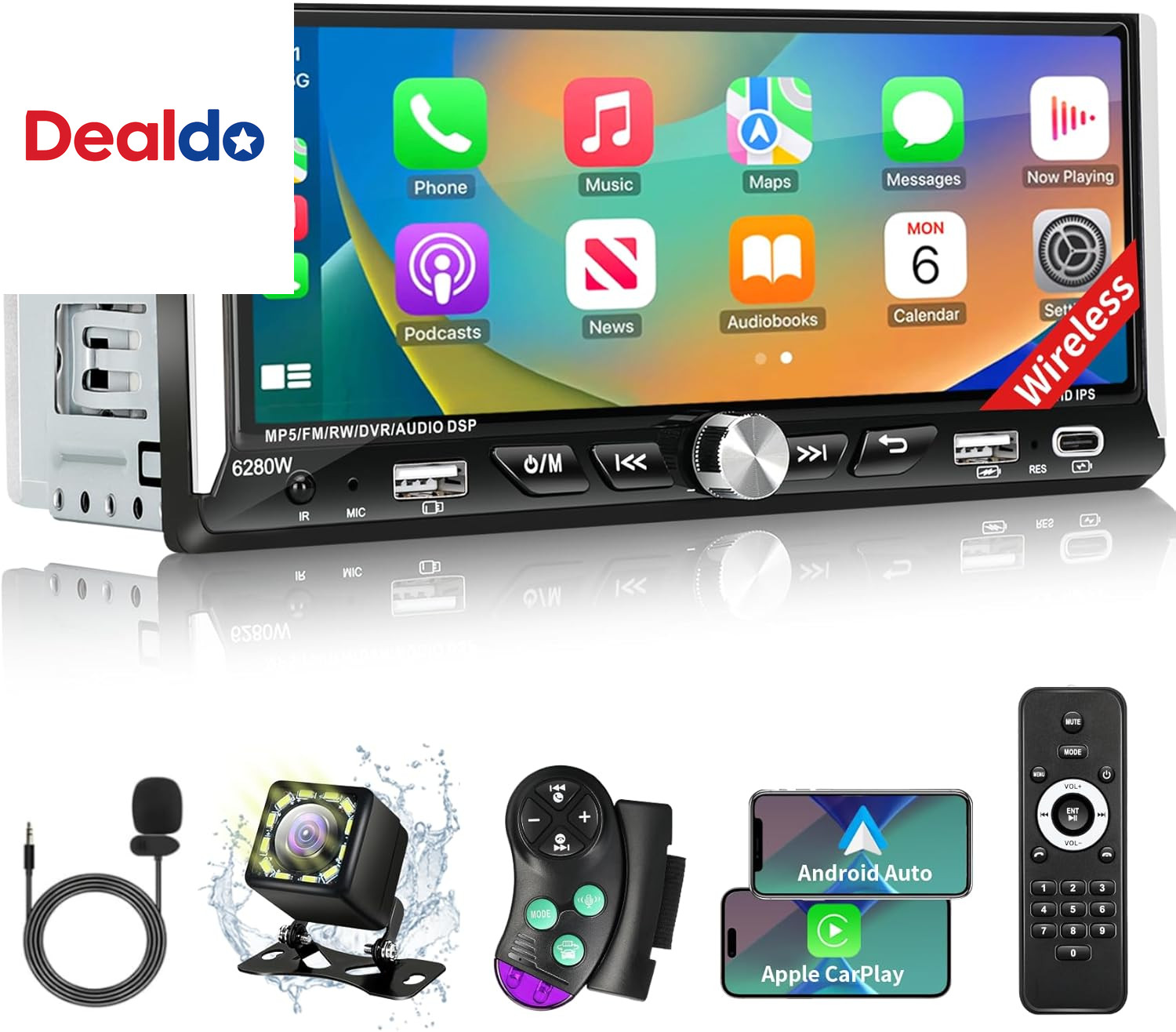 Single Din Car Stereo with Wireless Apple Carplay Android Auto, 6.9″ IPS Touchsc
