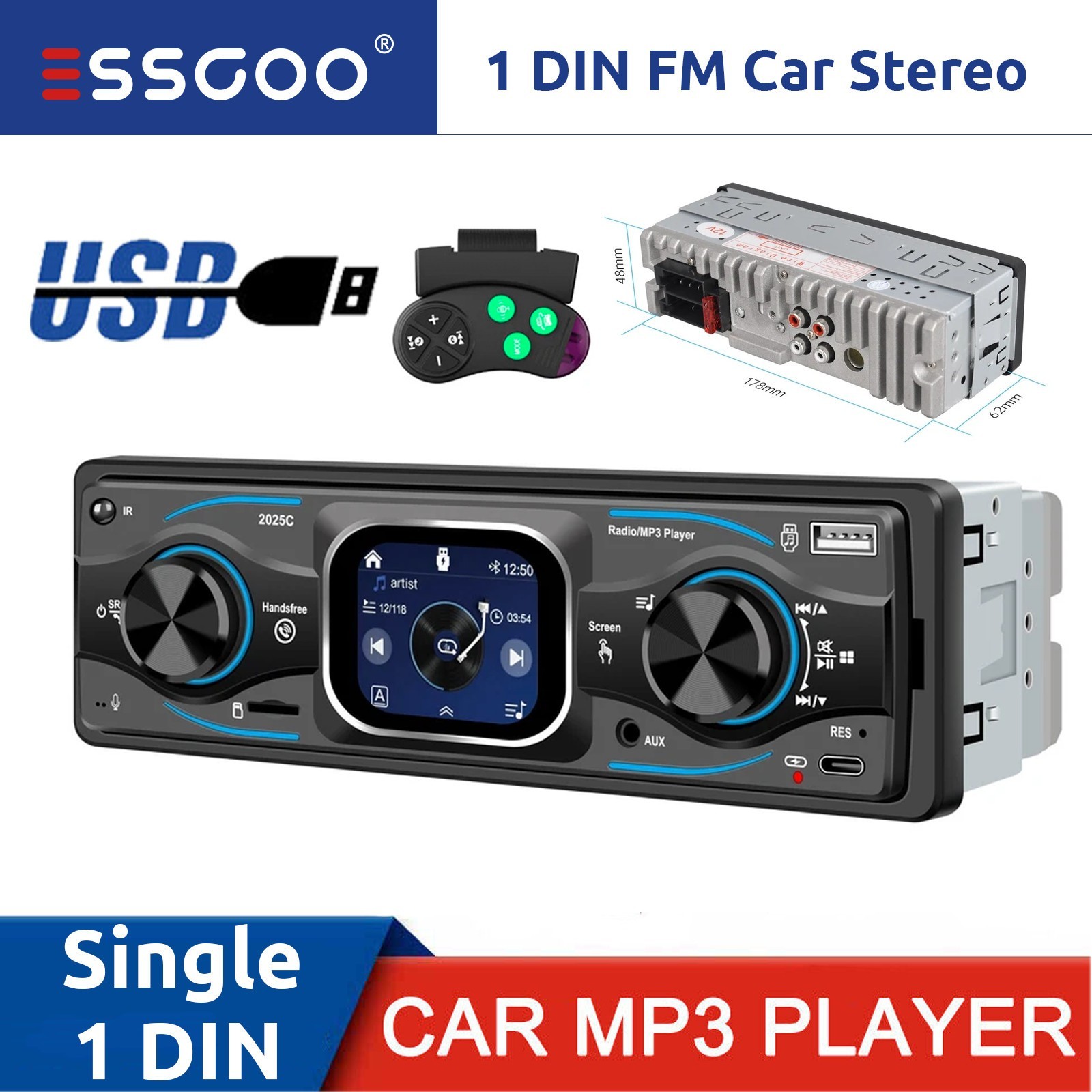 Single 1DIN Car Stereo Radio MP3 Player Bluetooth FM USB Audio In-Dash Head Unit