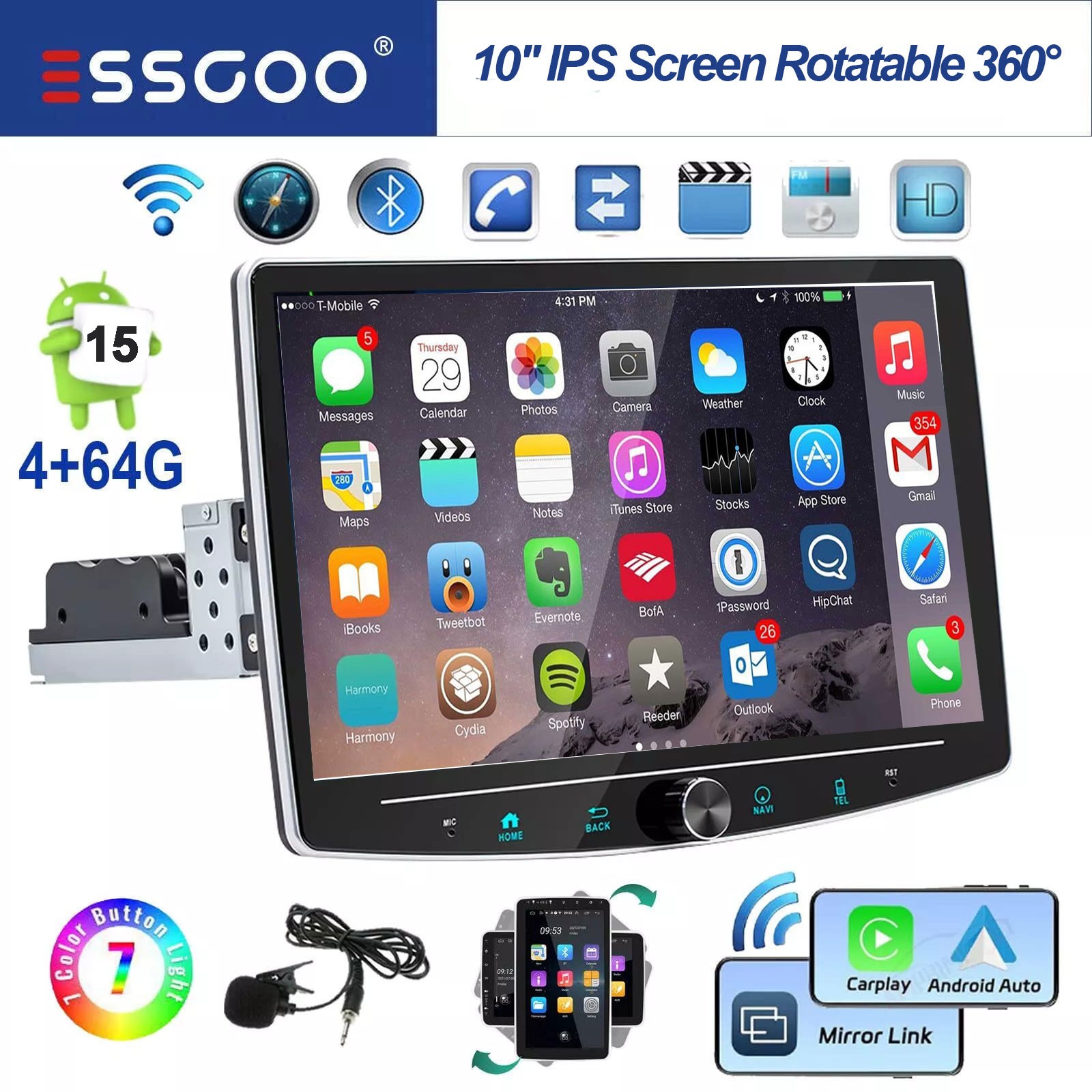 10″ Rotatable Screen Car Stereo Carplay Single DIN Android 15 4+64G GPS Navi RDS
