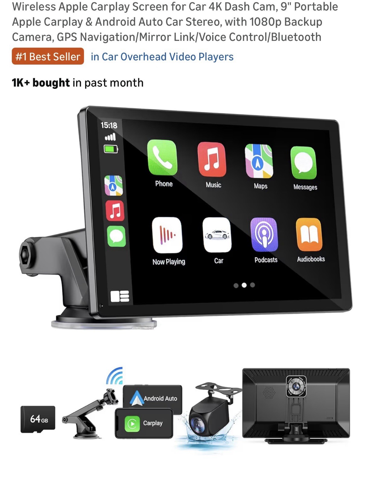 Wireless Apple Carplay Screen for Car 4K Dash Cam, 9″ Portable Apple Carplay …