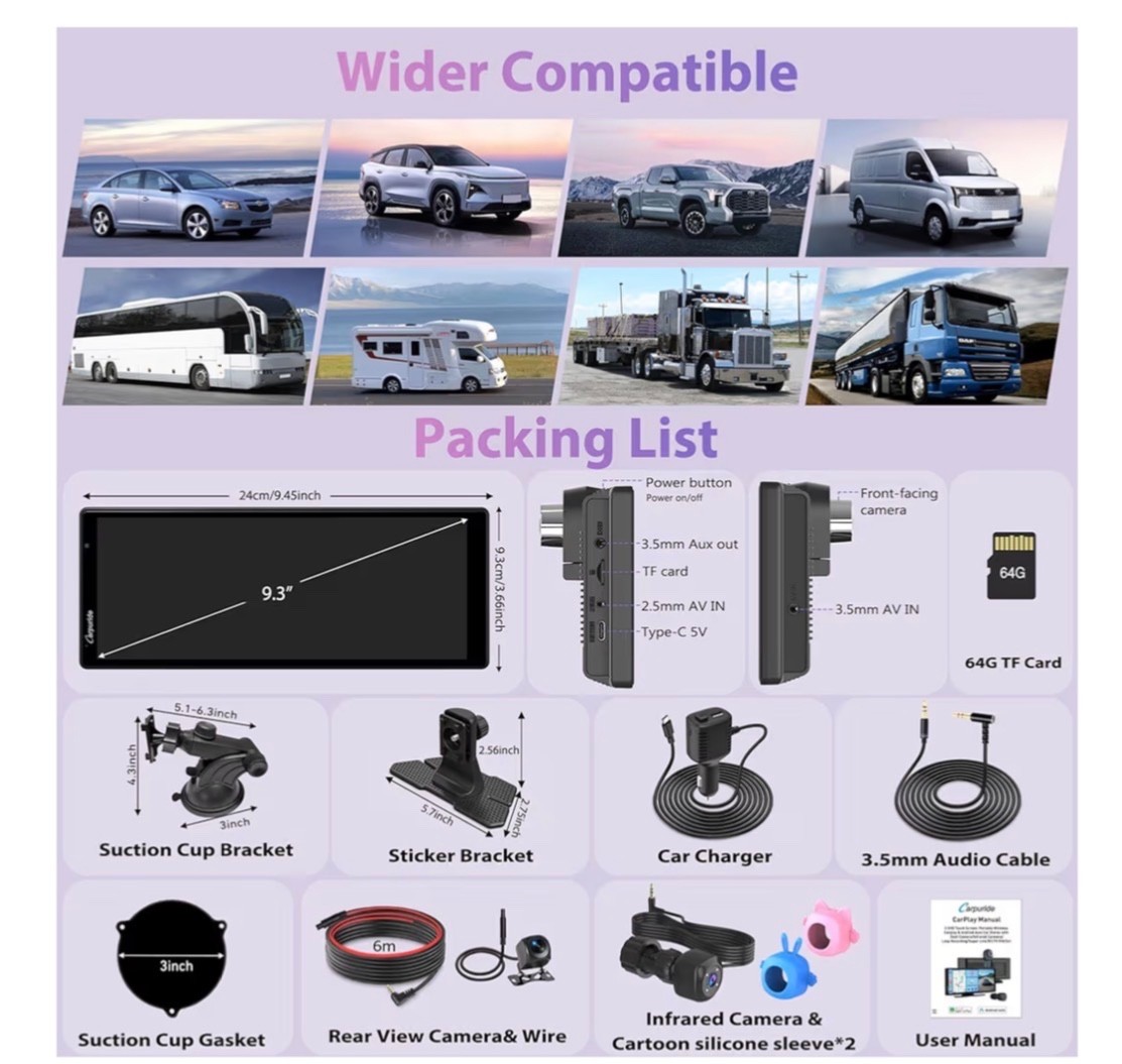 W903S3 9.3”HD Wireless Carplay & Android Auto Screen 4K Front +Wired 1080P Rear