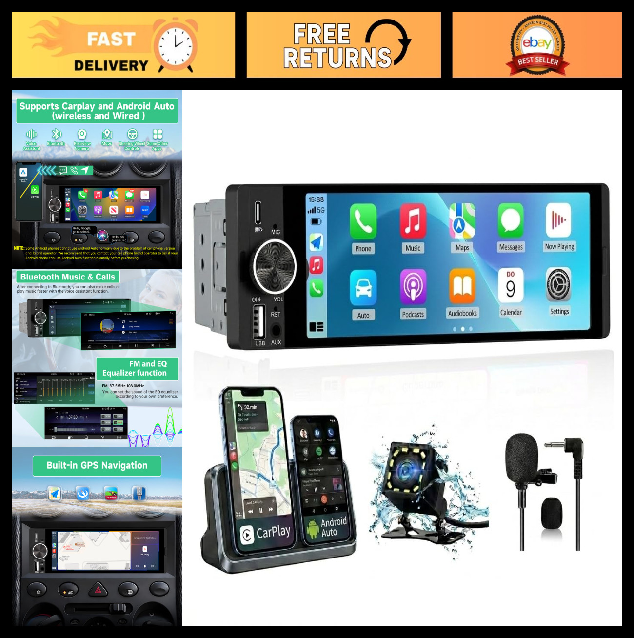 Single Din Car Stereo 6.36″ Touchscreen Radio, CarPlay, Android Auto, Bluetooth,