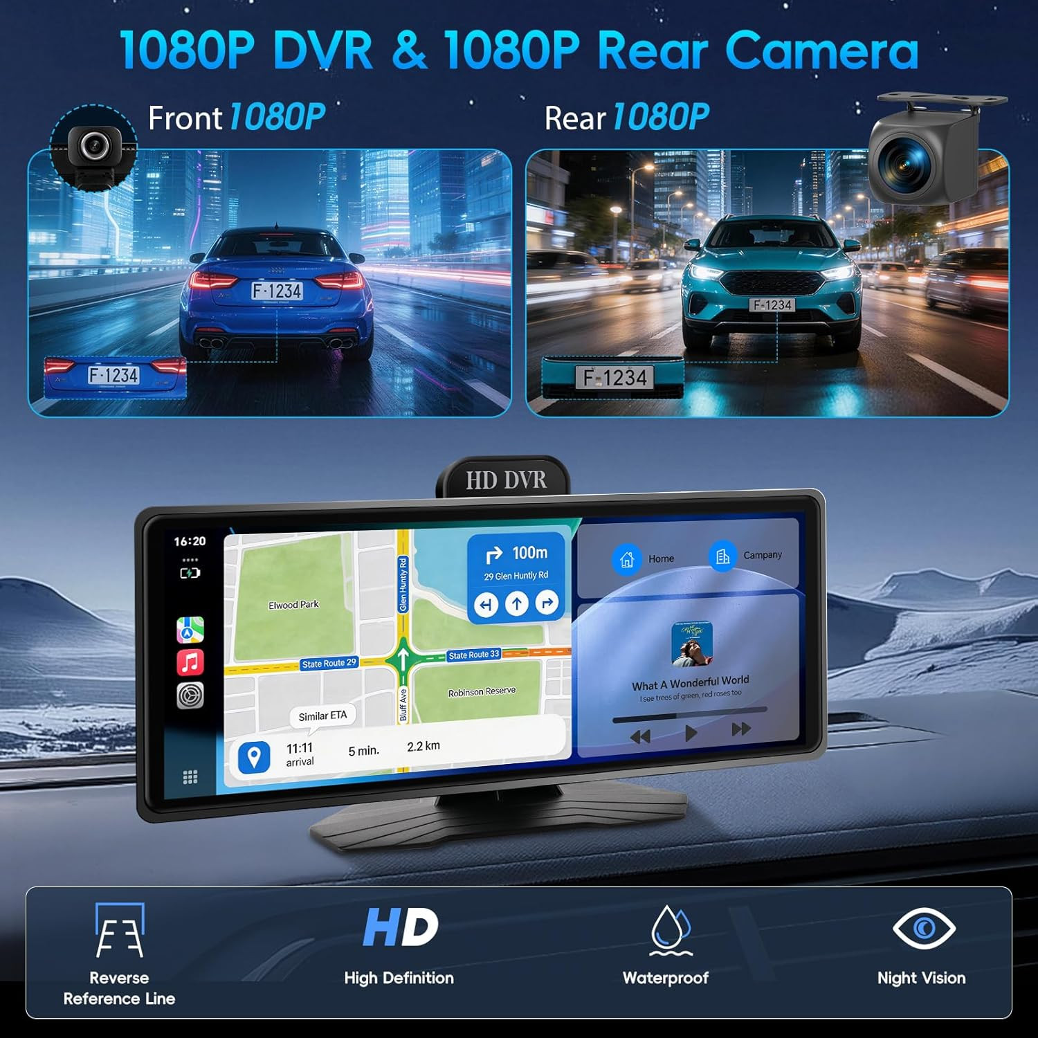 10.26″ Portable Wireless Carplay & Android Auto Display with Dash Cam & Backup C