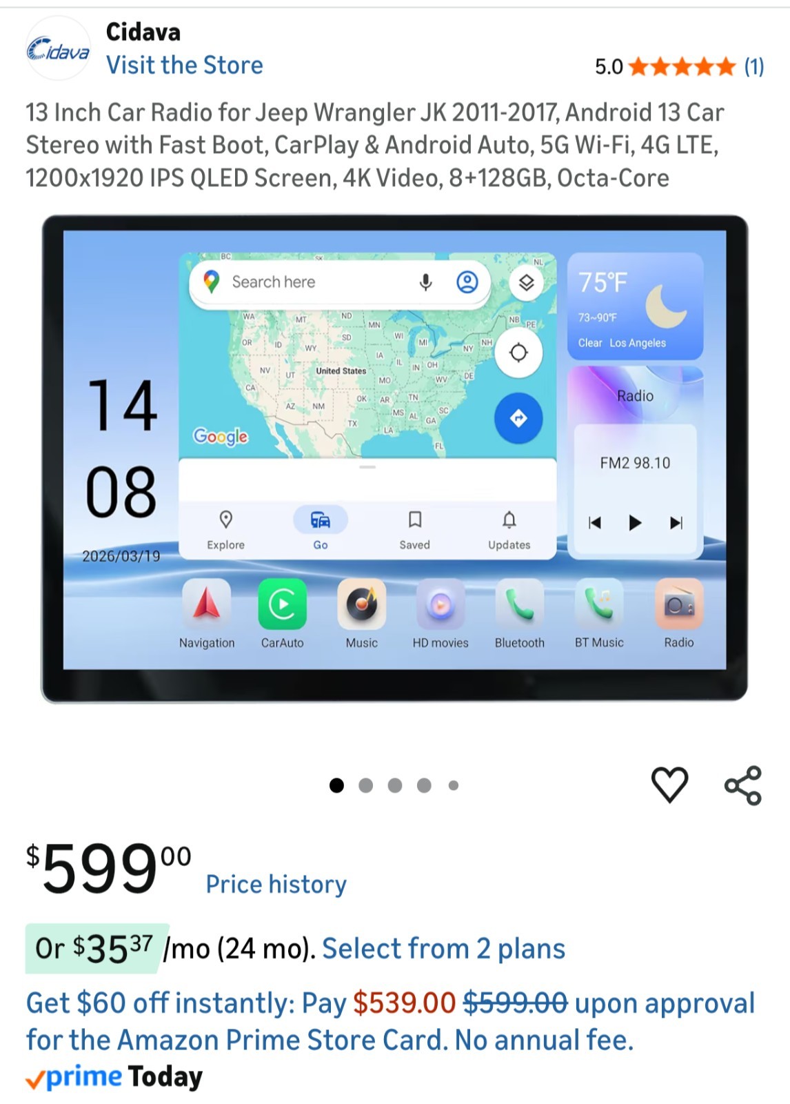 Cidava 13″ Android 13 8+128GB for Jeep Wrangler JK 2011-2017, 5G Wifi, 4K QLED