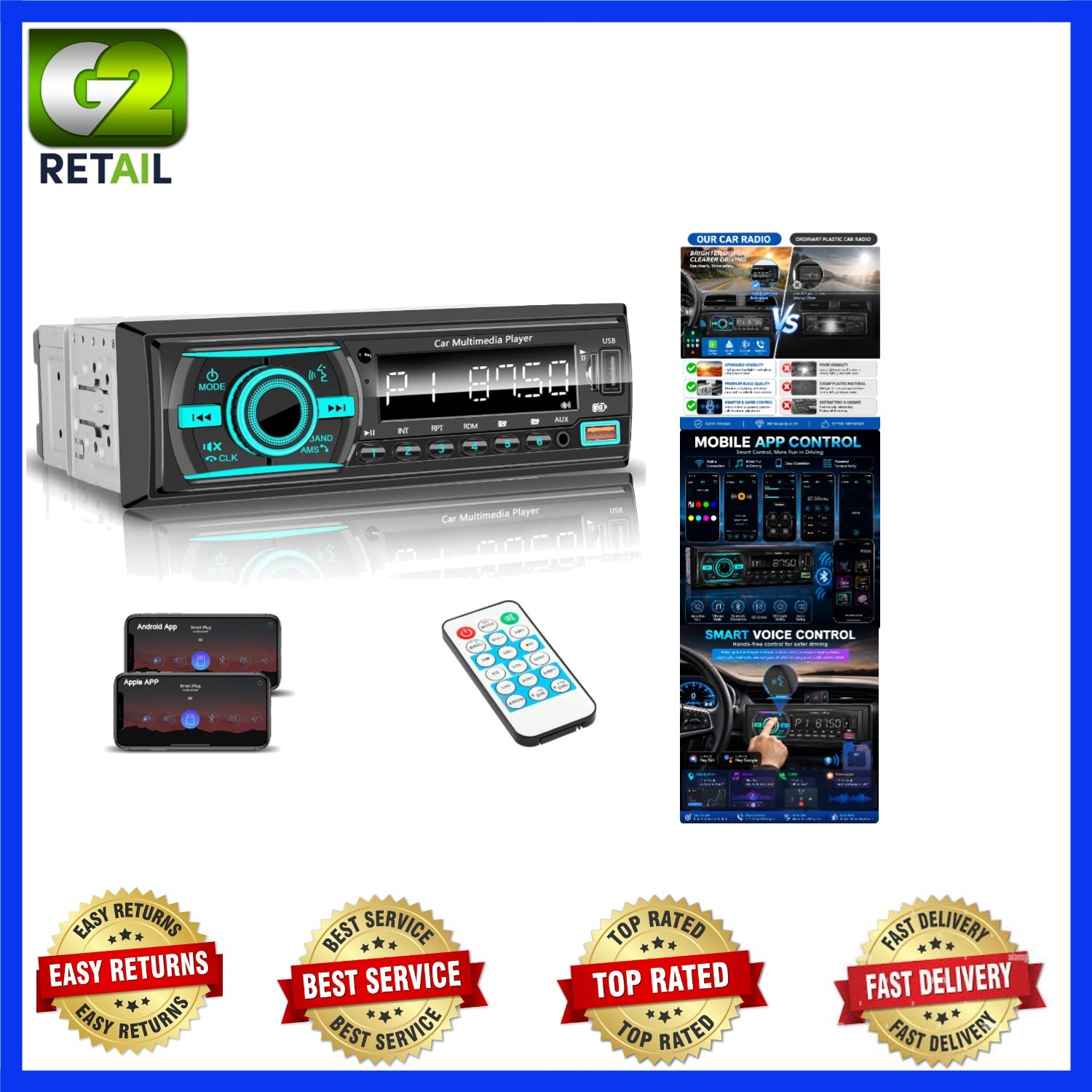 Multi-Input Car Stereo: Bluetooth, AUX, Dual USB & 7 Color LED Lighting