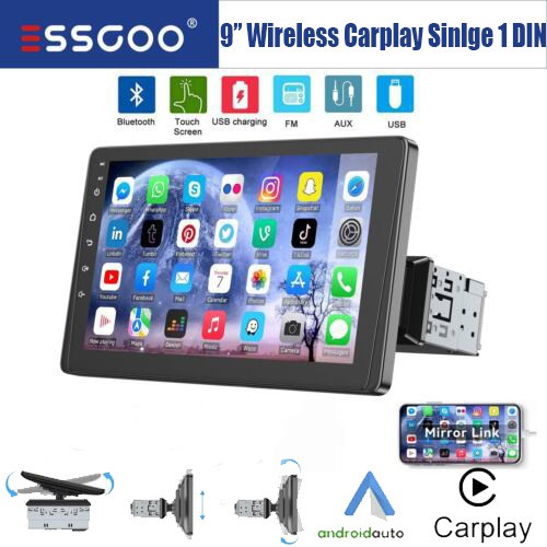 9″ Single 1DIN Car Stereo Apple Carplay Android Auto HD Radio Head Unit FM SWC