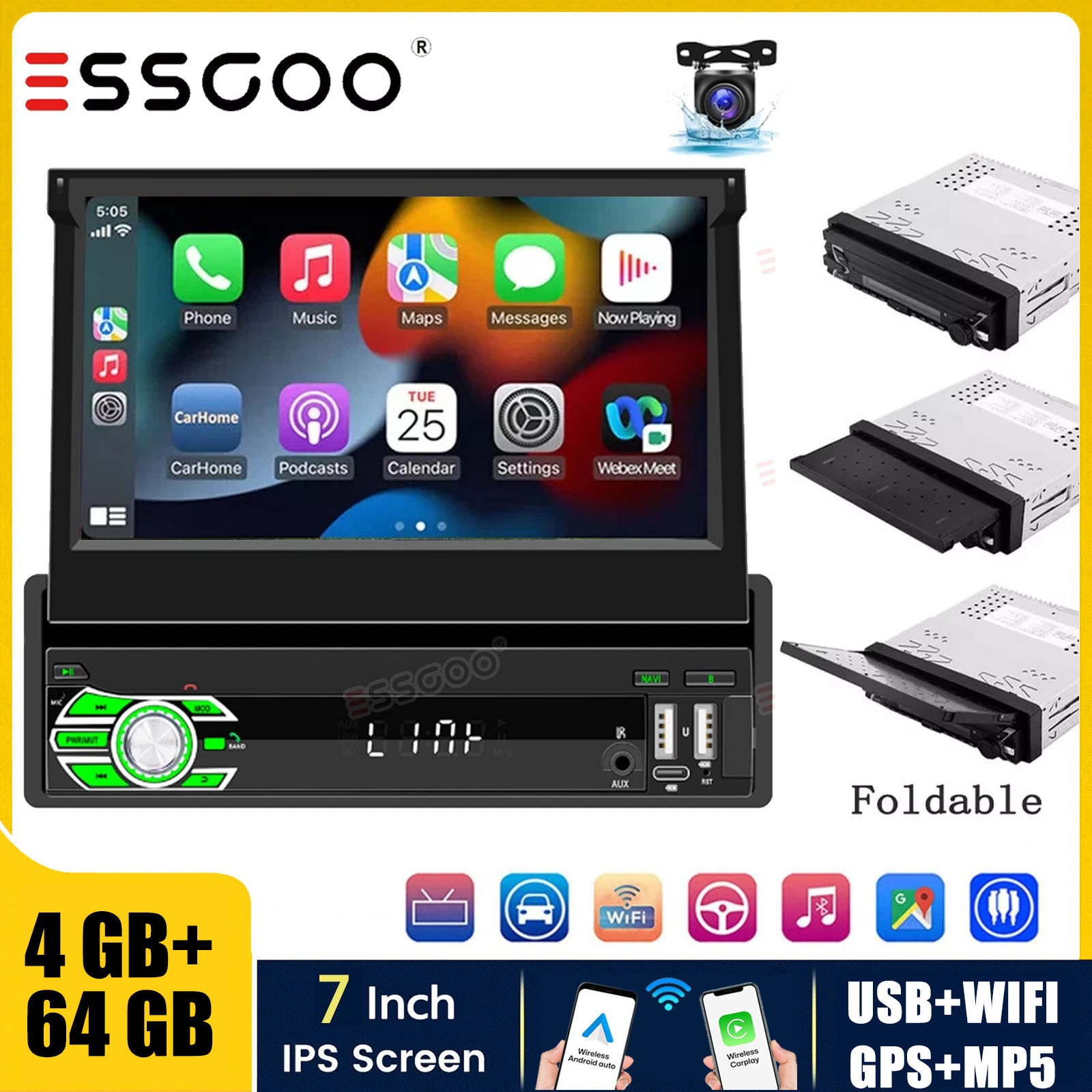 7″ Single 1 DIN Android 15 Flip Out Screen Carplay Car Stereo USB WIFI 64G+AHD