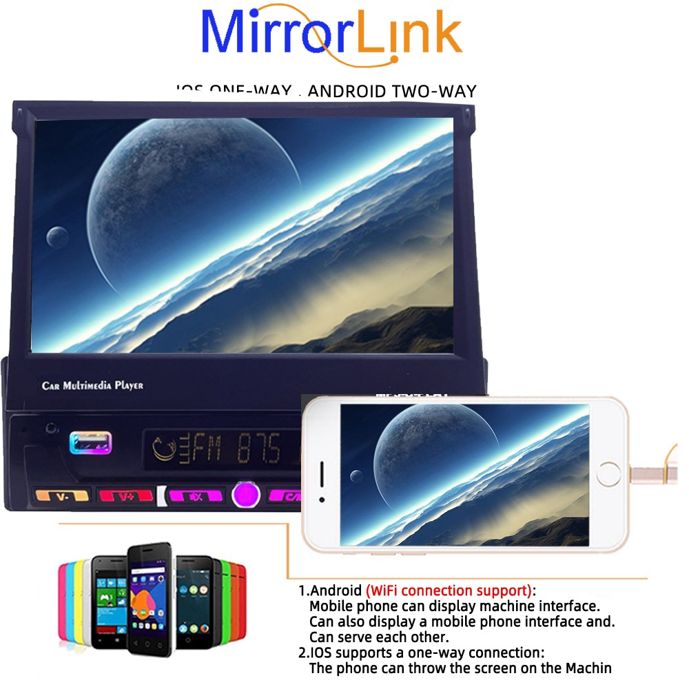 7″ Single Din Motorized Car Stereo Android Auto Radio Wireless Carplay