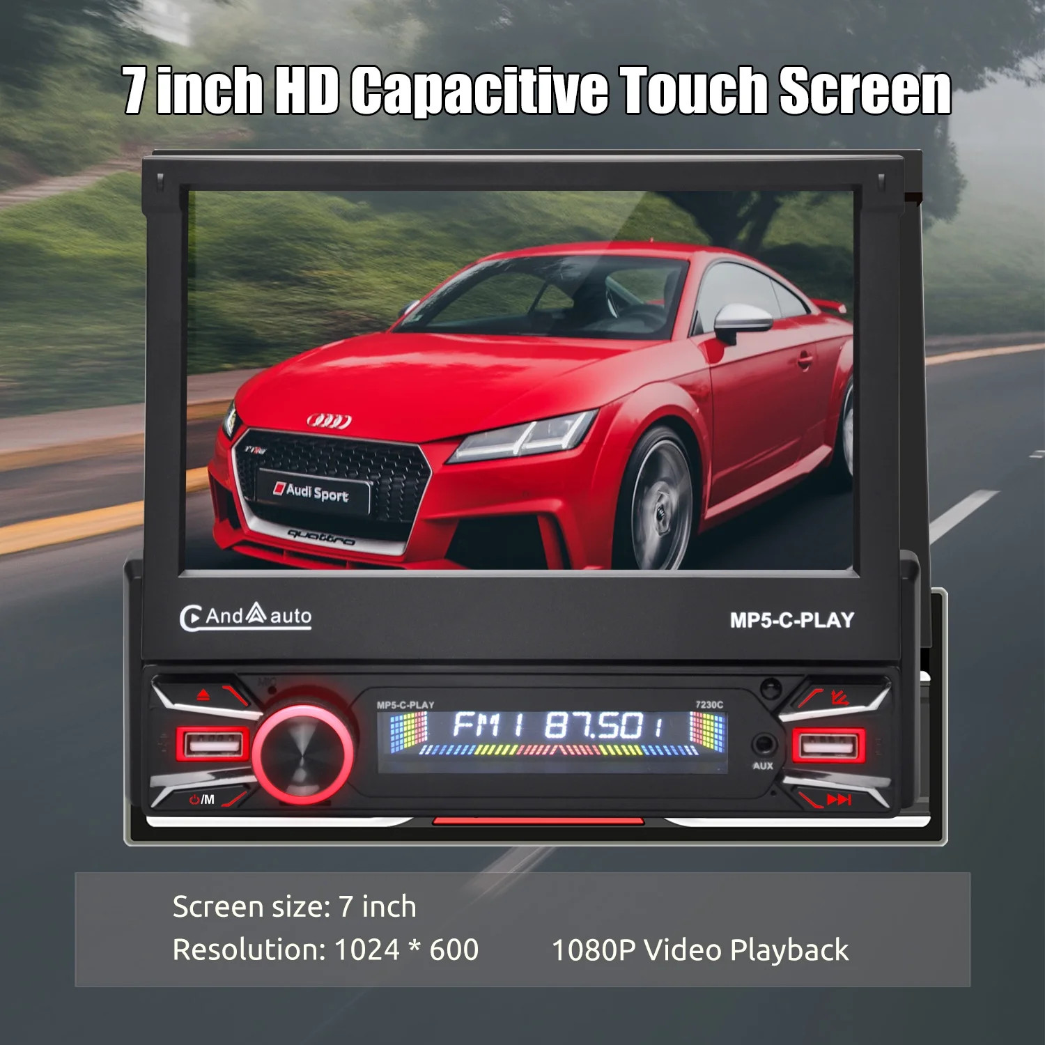 Auto Retractable Flip Out Single Din 7″ Car Stereo Radio, 1024 600P Touchscreen