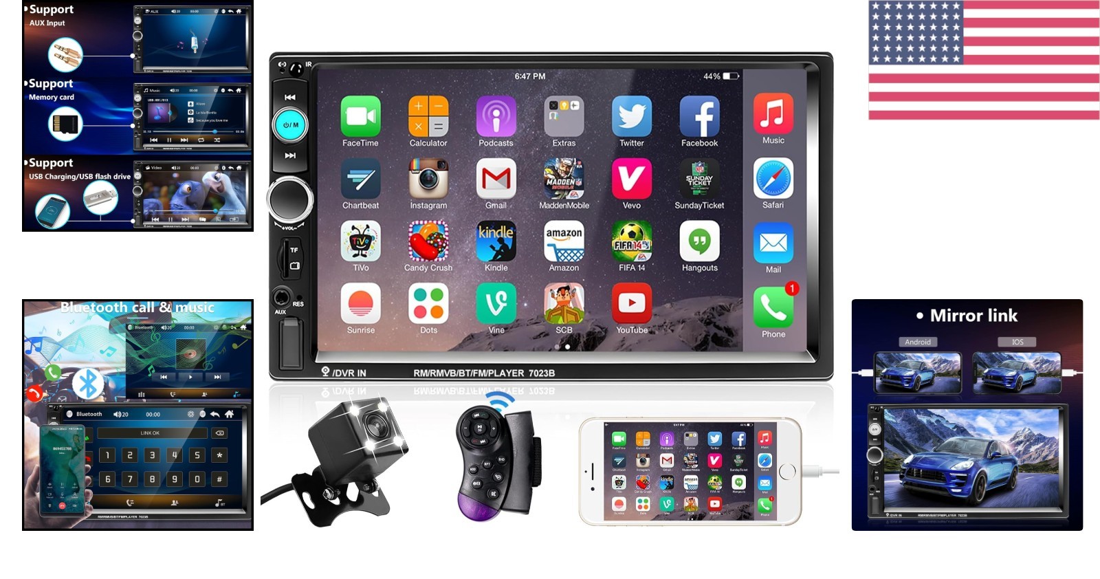 HD Touchscreen Double Din Radio with Bluetooth and Steering Wheel Control