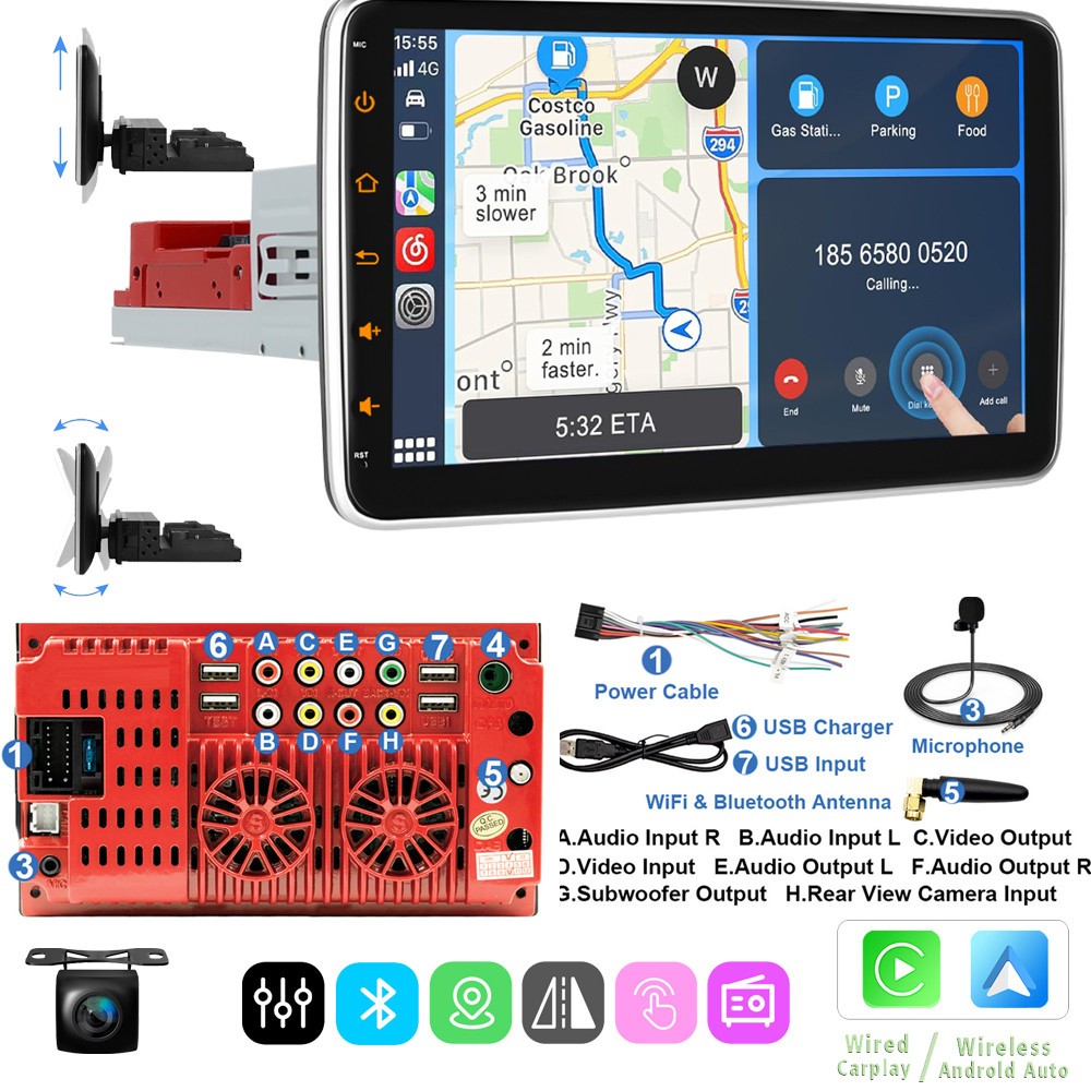 10″ 1 Din Car Stereo with CarPlay and Android Auto, Rotatable Touch Screen Radio