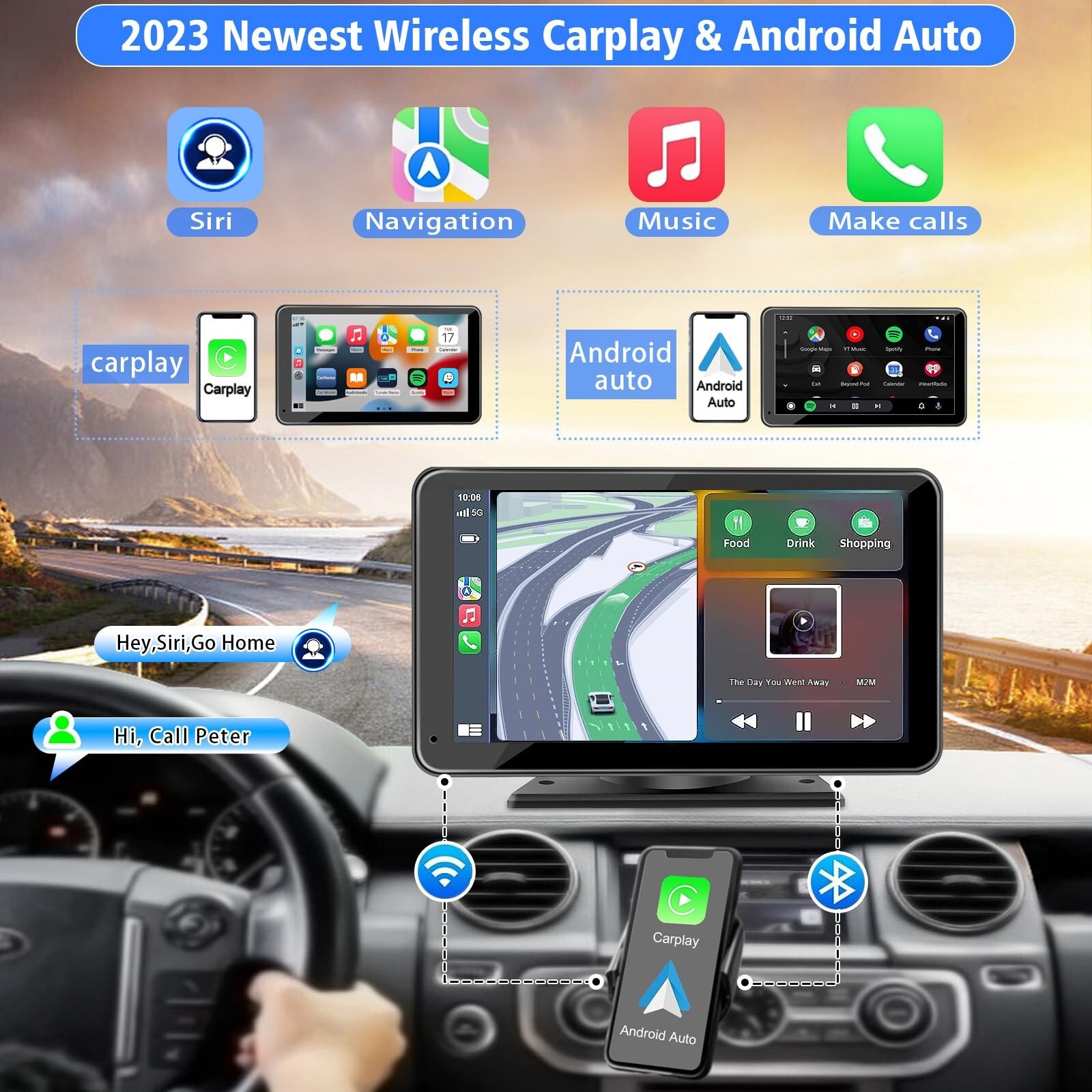 Portable Newest Wireless Apple CarPlay and Android Auto Screen for Car, 7″ HD…