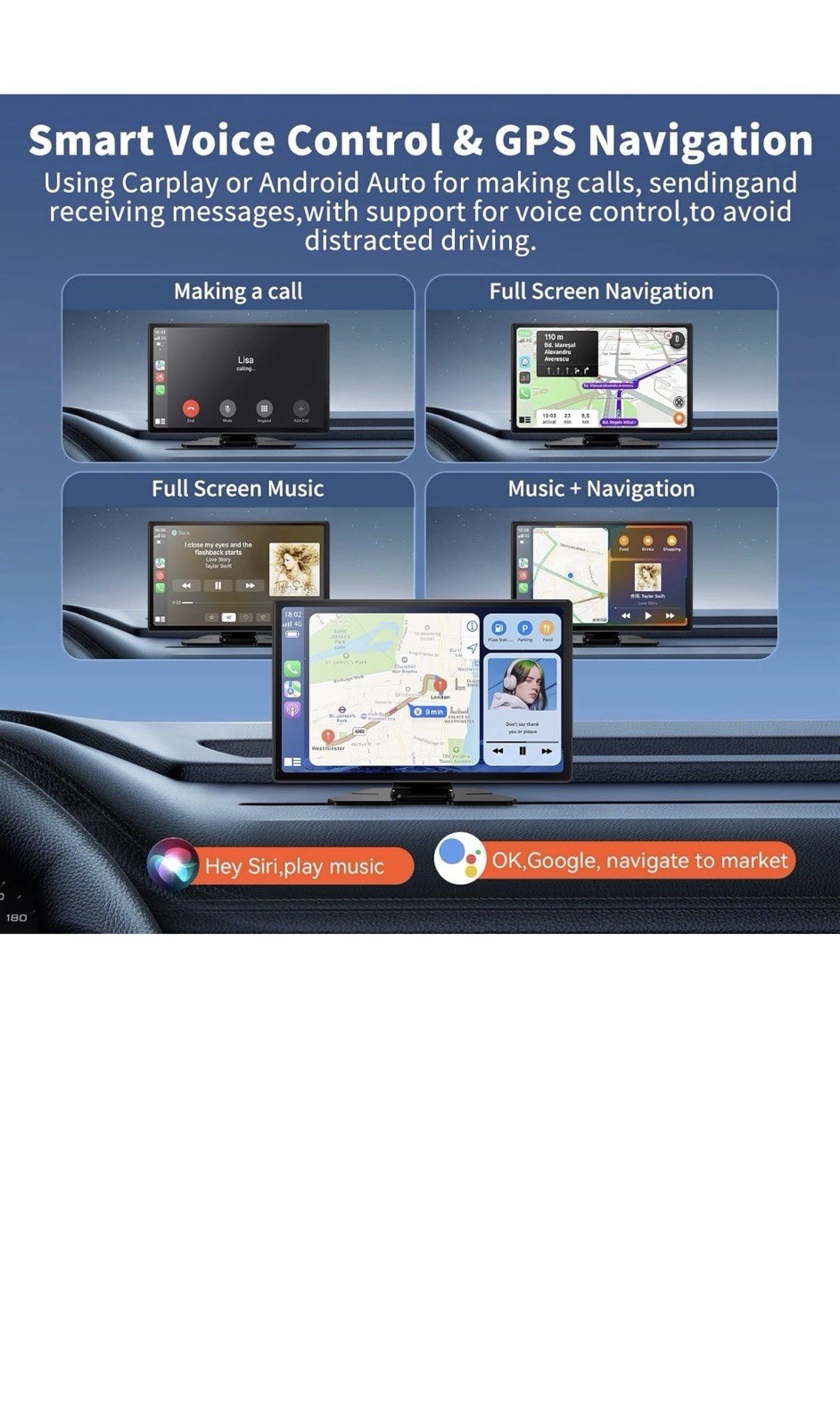 Wireless Carplay Screen with 4K Dash Cam, 9″ Portable Carplay Screen for Car wit