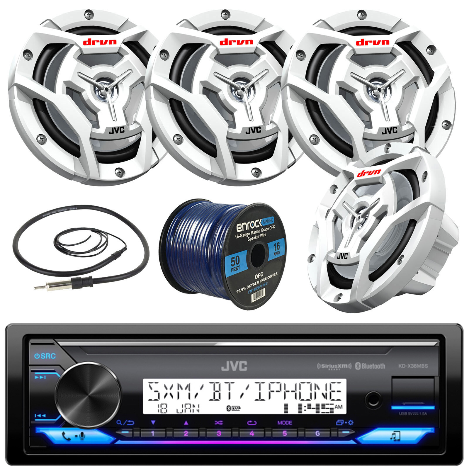 JVC KD-X38MBS Marine Receiver, 4x 300-W 6.5″ Speaker, Radio Antenna, 50Ft Wire
