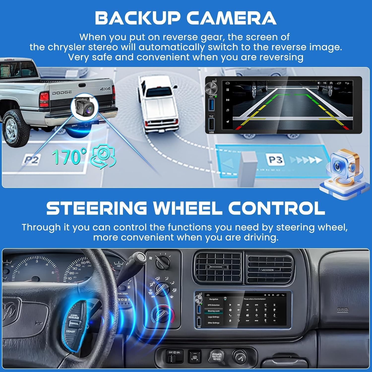 6.2″ 4+64G Android Auto Carplay for Dodge RAM Jeep G.Cherokee Chrysler 1990-2000