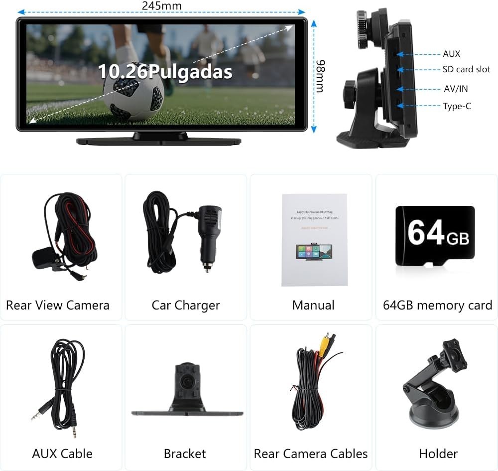 Universal Wireless CarPlay Screen with 4K+1080P Cameras, Lightweight Design