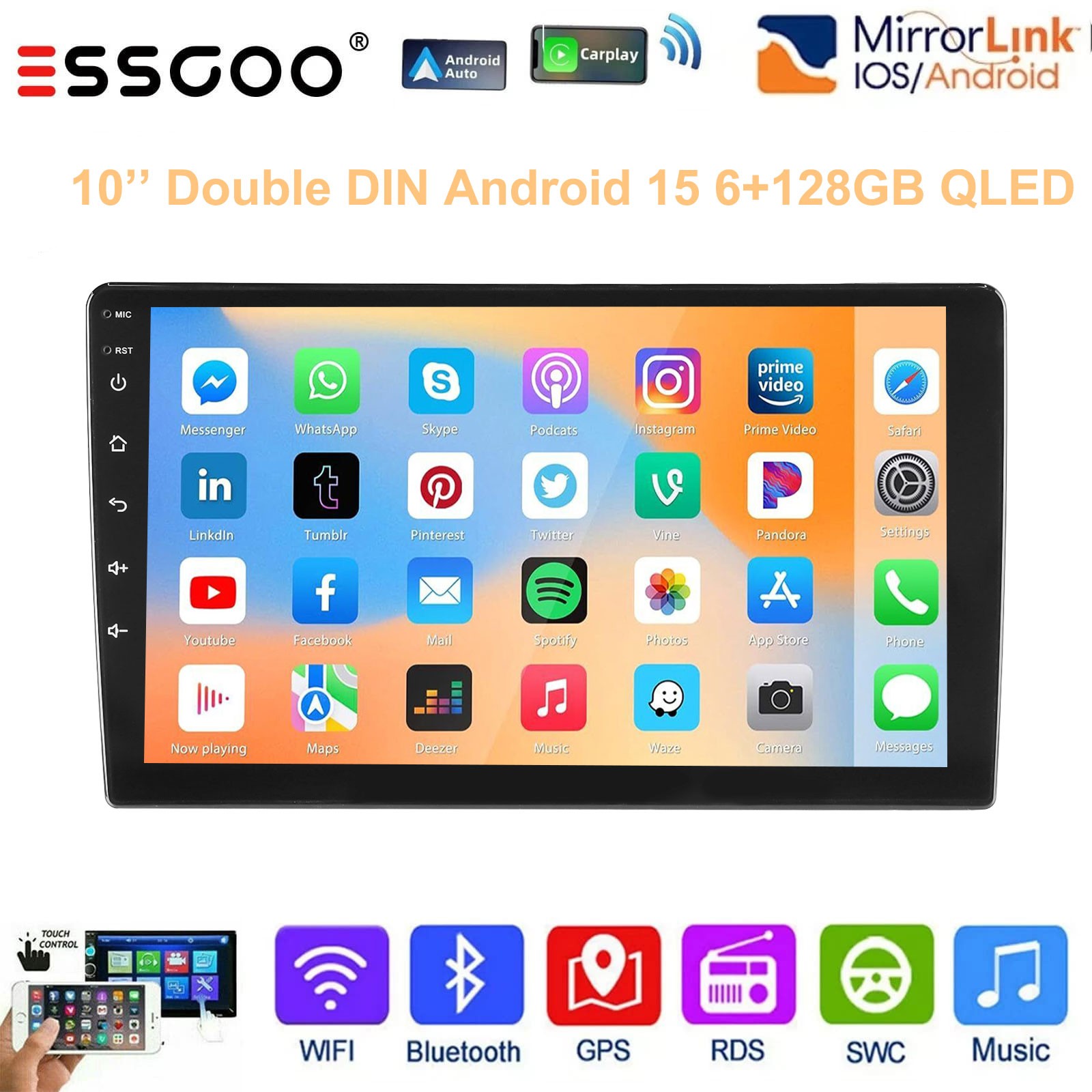6+128G 2 DIN Car Radio Stereo Carplay Android 15 Navi GPS 4G DSP Bluetooth QLED