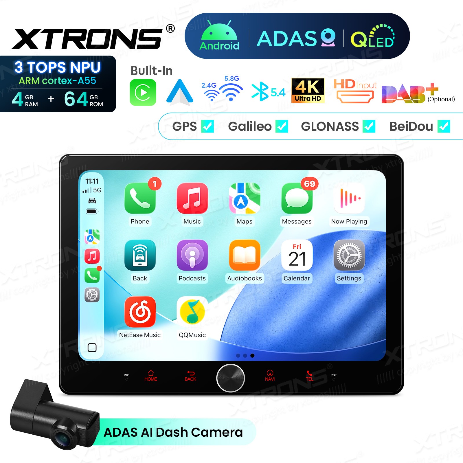 10.1″ QLED 2 DIN AI NPU Android 14 Car Radio Stereo 4+64G CarPlay ADAS Dash CAM