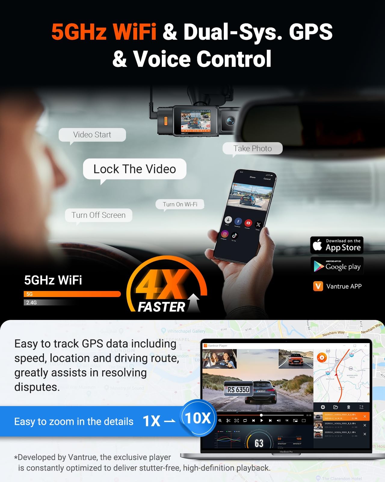 Vantrue N4S 3-Channel 2.7K+1440P WiFi Dash Cam Front Inside Rear GPS IR Night Vi
