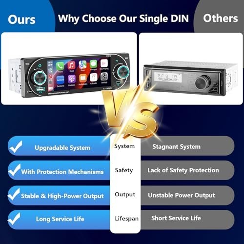 Wireless Apple CarPlay Single DIN Car Stereo, HD Touchscreen, Bluetooth 6.0, USB