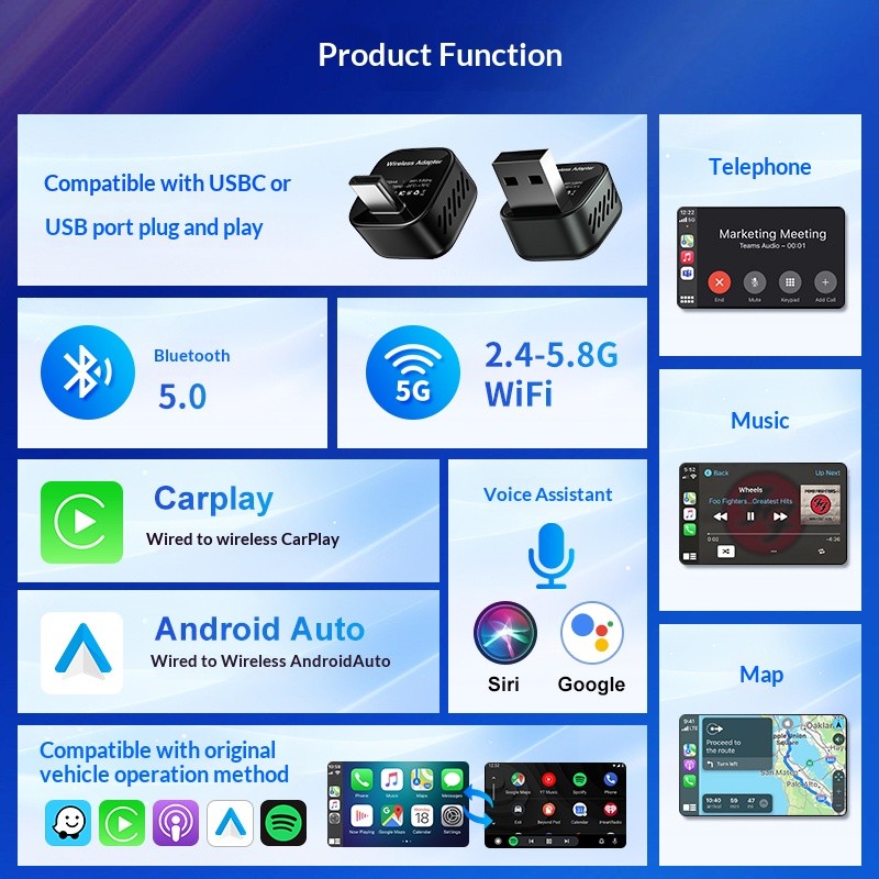 2025 USB Wireless CarPlay Adapter For iPhone Apple Wireless Dongle Plug ＆Play US