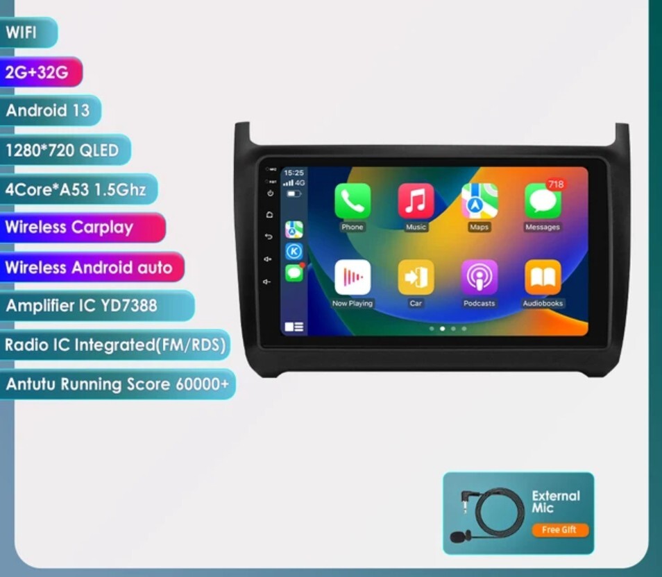 2 DIN Android Car Radio For Volkswagen Polo 9in GPS Wi-Fi Bluetooth CarPlay