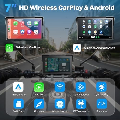 Motorcycle CarPlay Screen with 7 Inch+TPMS+Dual Cam+Magnetic Mount+64GB