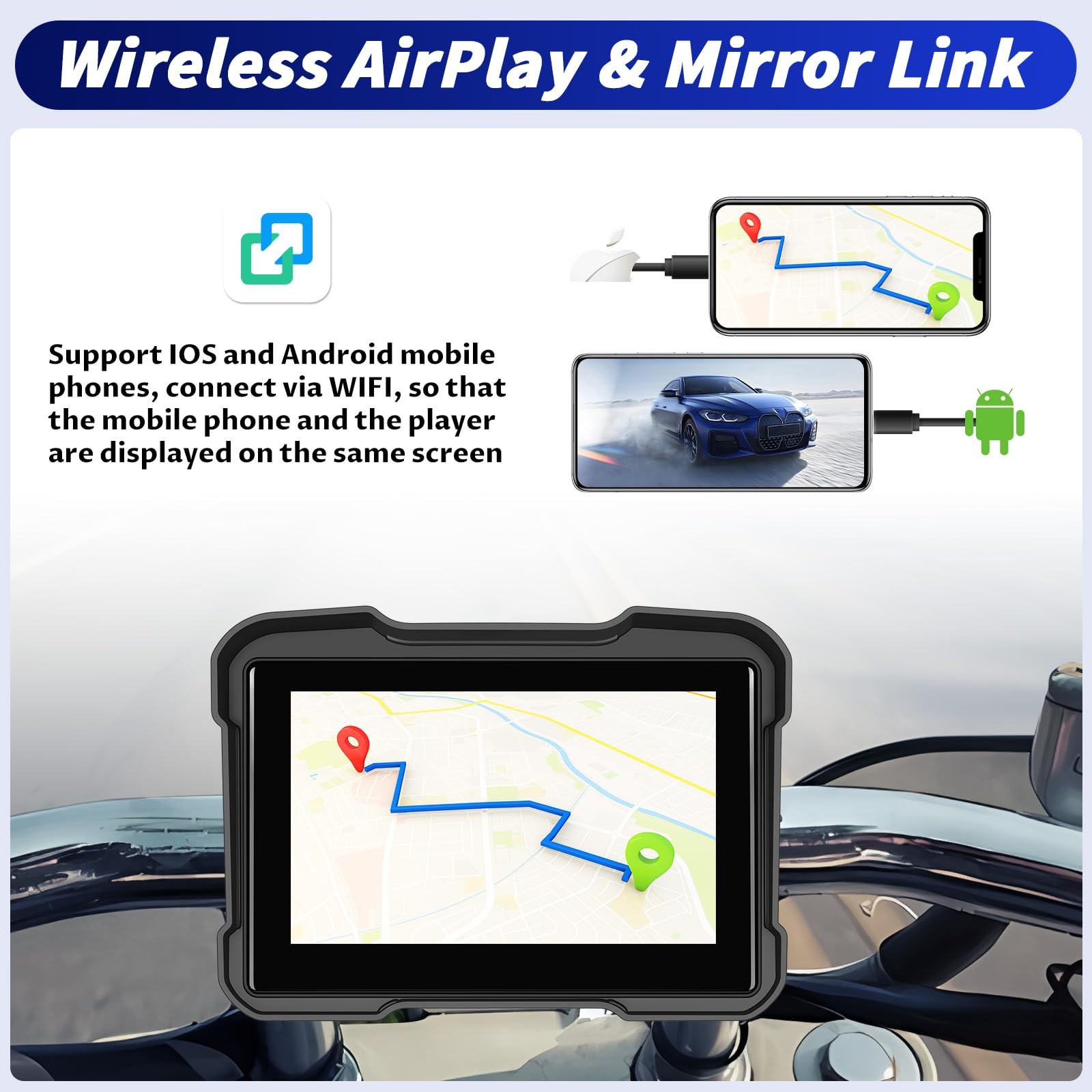 5 Inch IPS Waterproof Portable Motorcycle CarPlay Screen with Wireless CarPla…