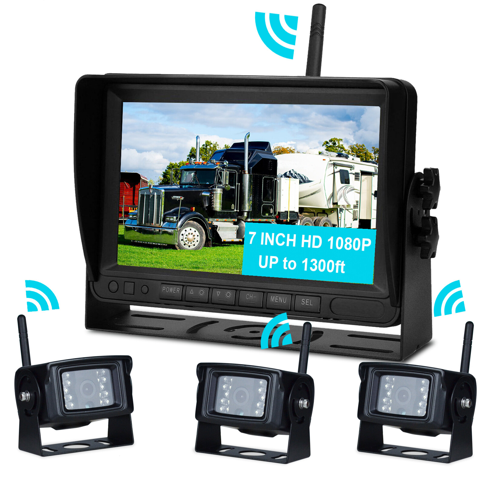 7″ Display AHD 1080P Wireless 3CH Rear View Backup Camera for Truck Trailer US