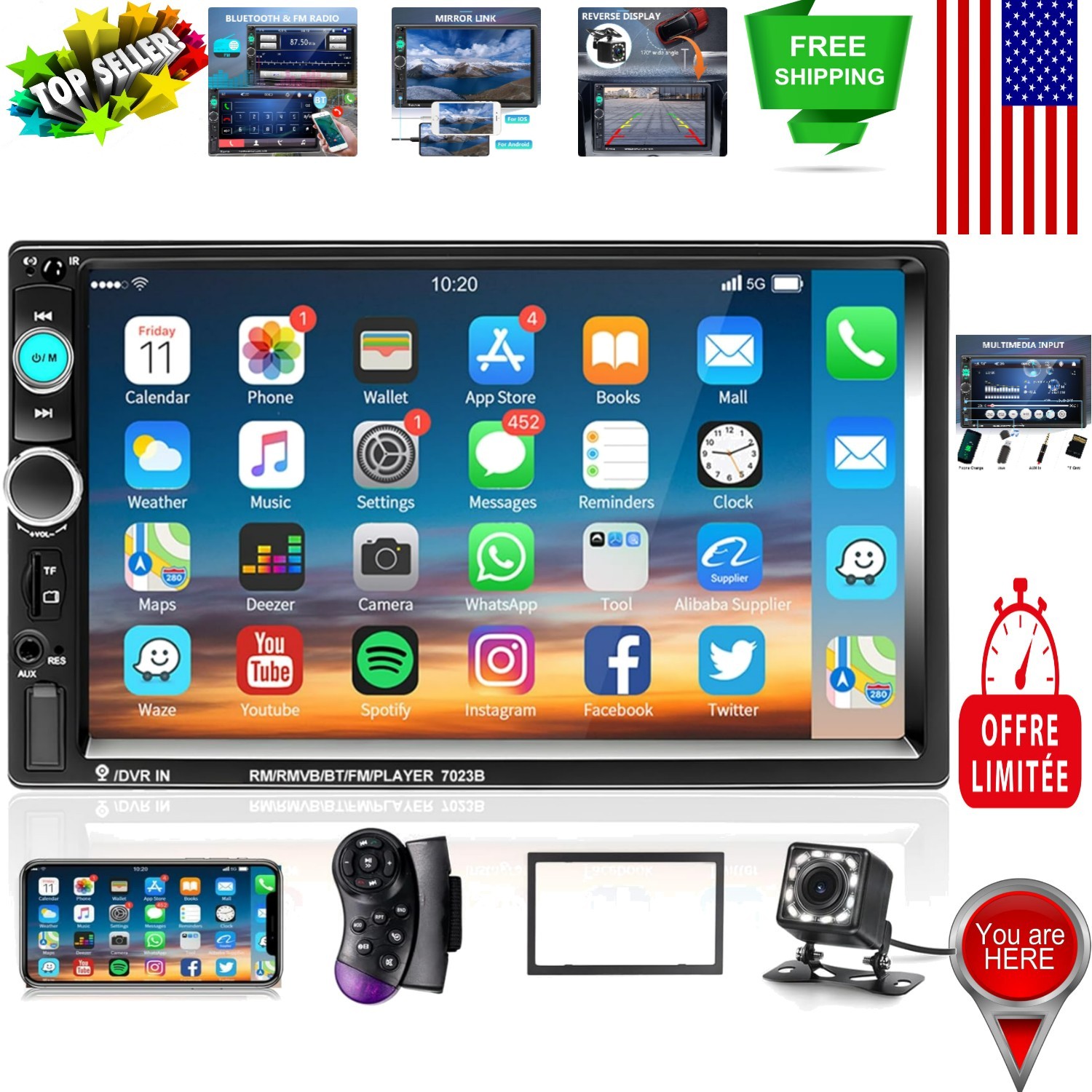 7-Inch HD Touch Screen Double Din Car Stereo with Bluetooth and Backup Camera