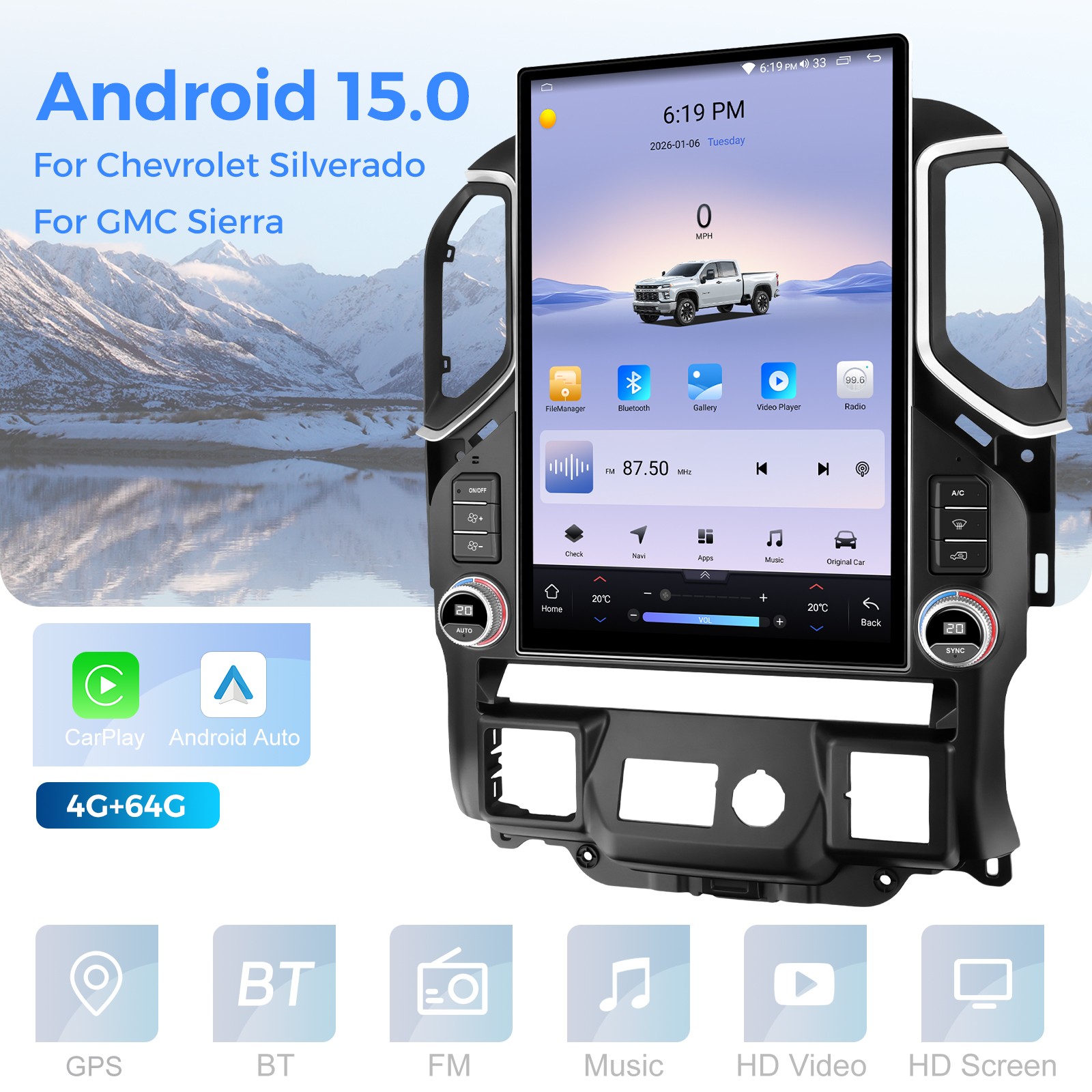 15.6″ Tesla Style Android Radio For Silverado Sierra Wireless CarPlay 64GB