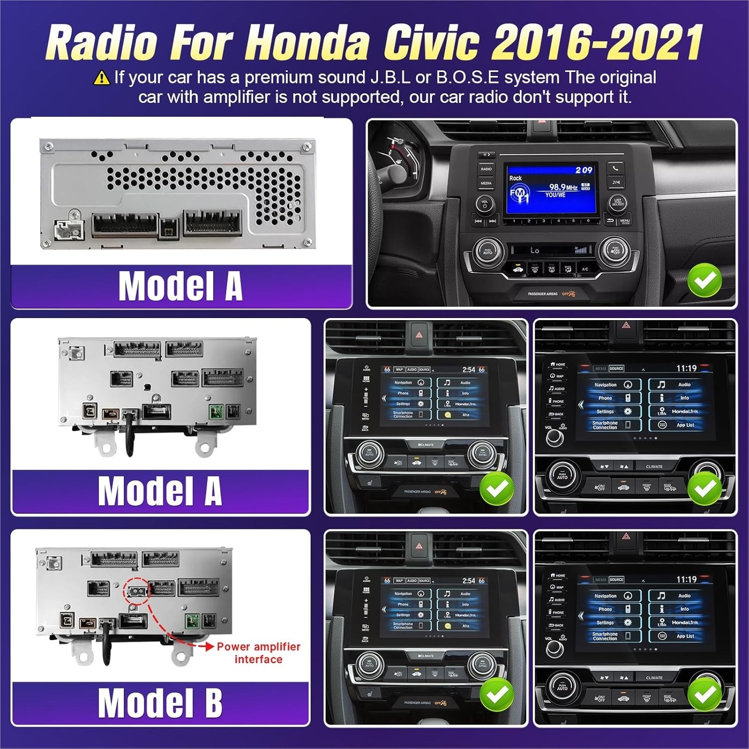 9″ 32G Android Auto Carplay for 2016-2021 Honda Civic w/ JBL Audio; Free Camera