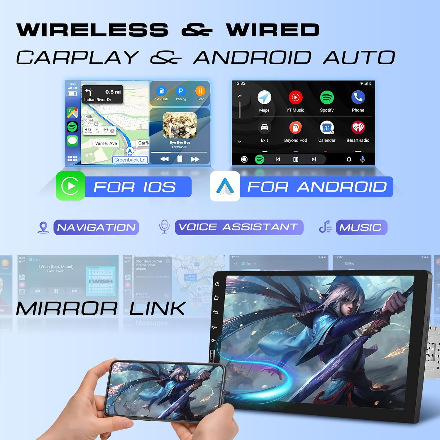 Single Din Car Stereo with 9 Inch IPS Touch Screen, Wireless Carplay & Android A