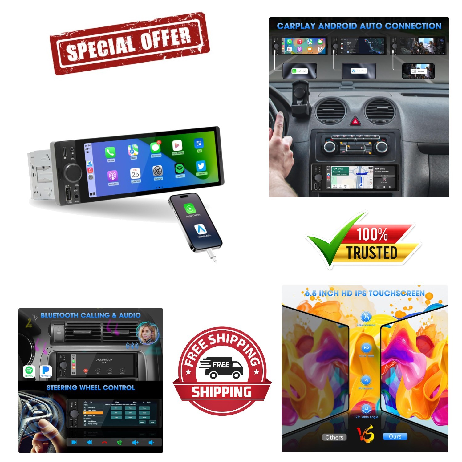 Single Din 6.5 Inch Touchscreen Stereo with Apple CarPlay & GPS for Classic Cars