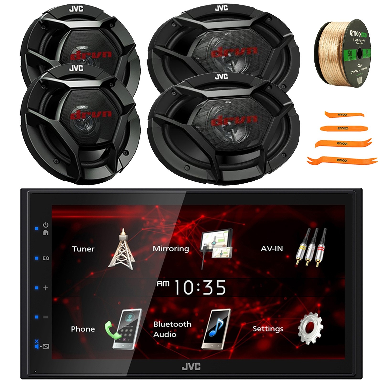 JVC KW-M180BT Double DIN Receiver, 2x 6.5″ Speakers, 2x 6×9″ 550W Speakers, Wire