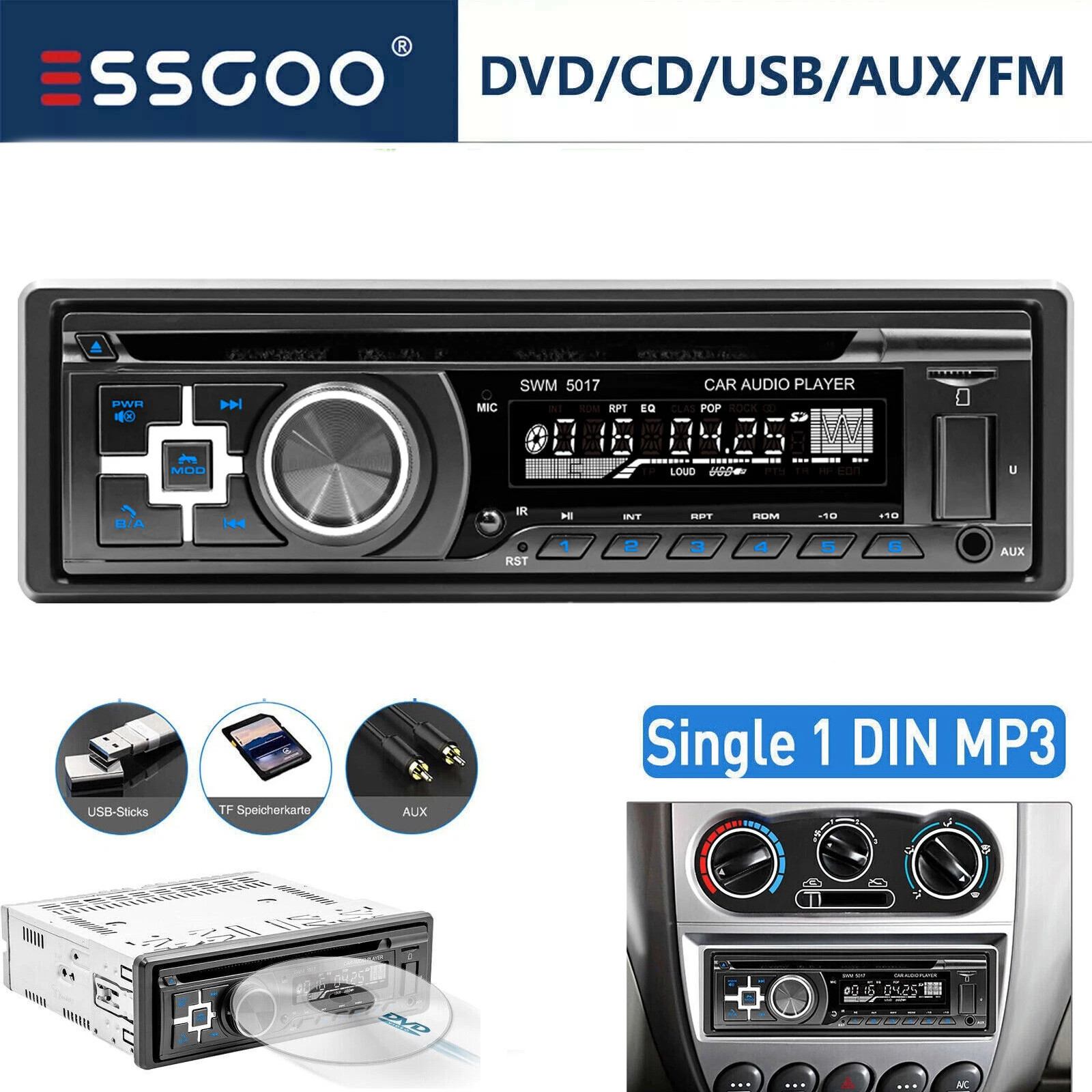 1 DIN DVD CD Car Stereo Radio MP3 Player Bluetooth FM USB SD AUX In-dash RDS