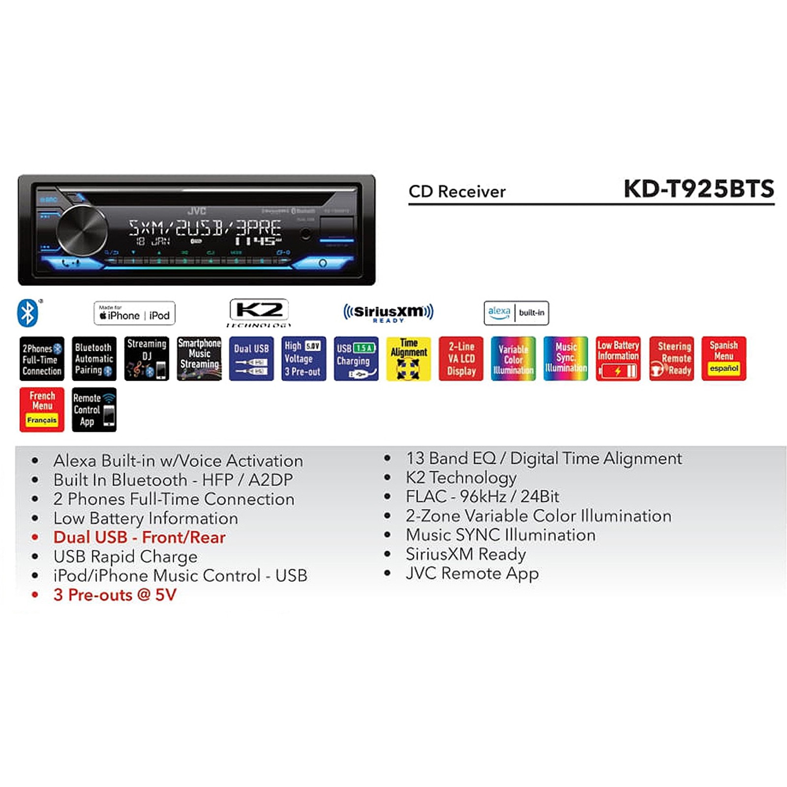 JVC KD-T925BTS Single DIN Bluetooth CD Player USB AUX AM/FM Stereo Receiver