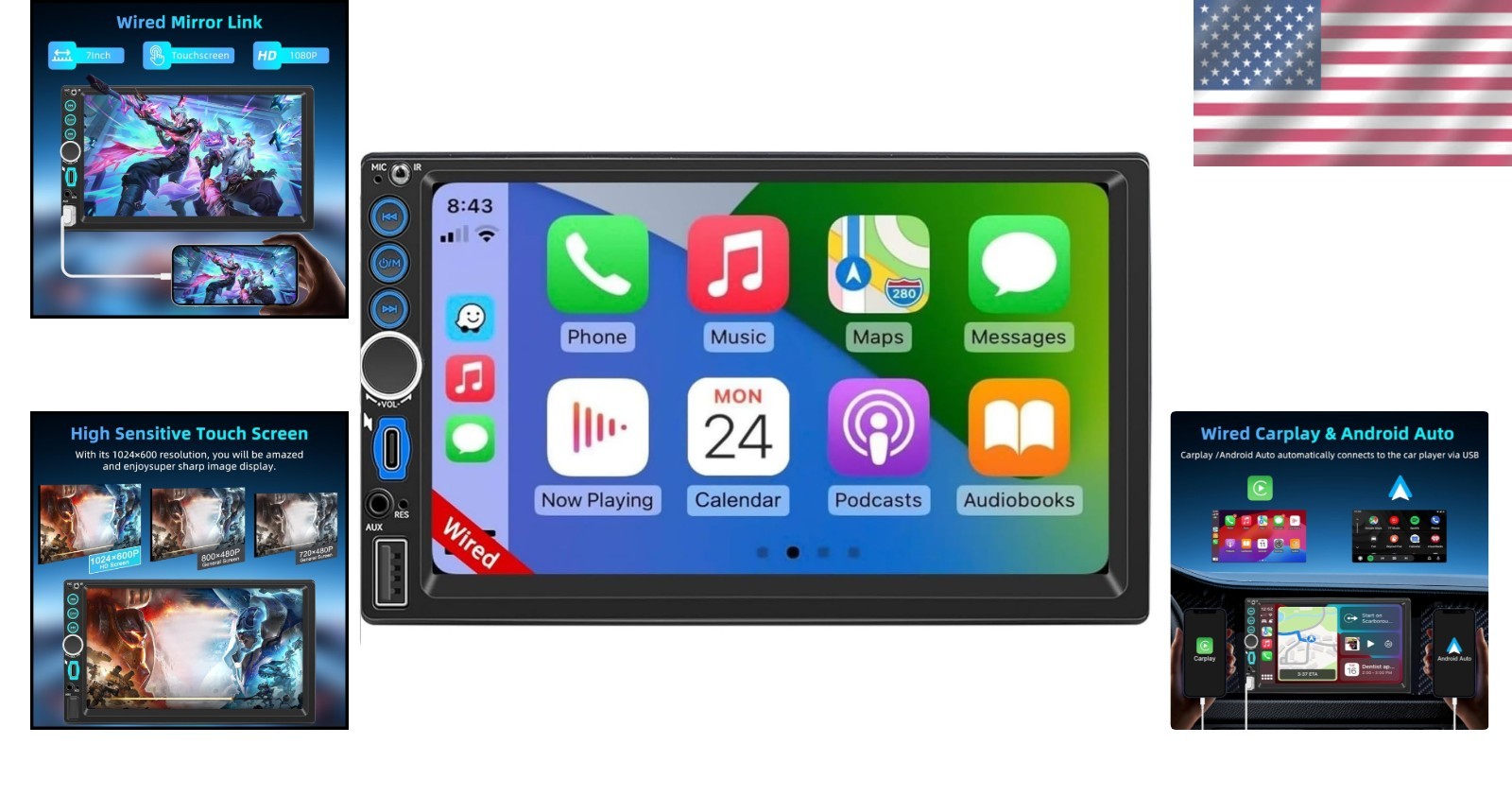 Bluetooth Double Din Car Stereo – 7-Inch Touchscreen with Mirror Link & FM Radio