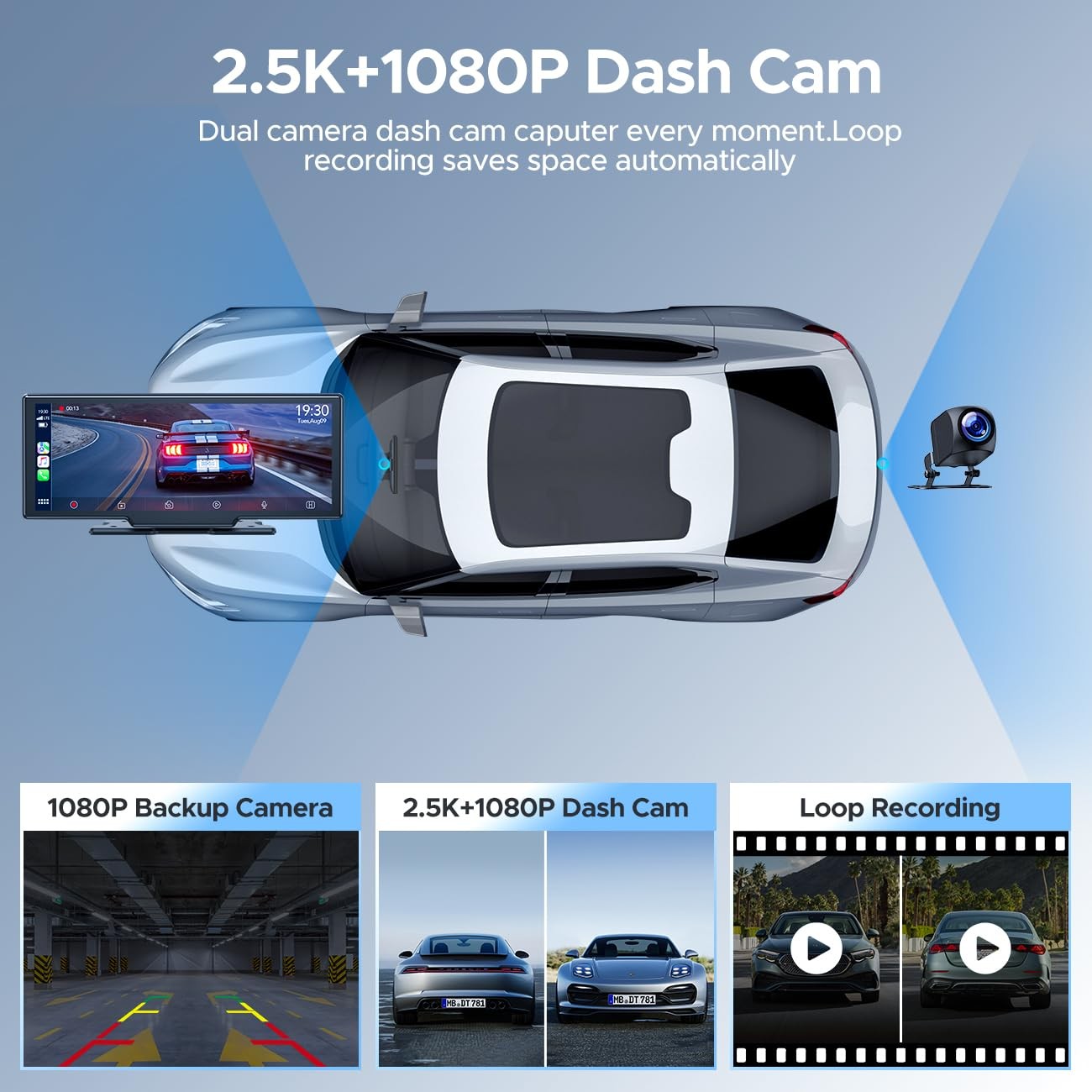 9.26” Carplay Screen with 2.5K Dash Cam and 1080P Backup Camera